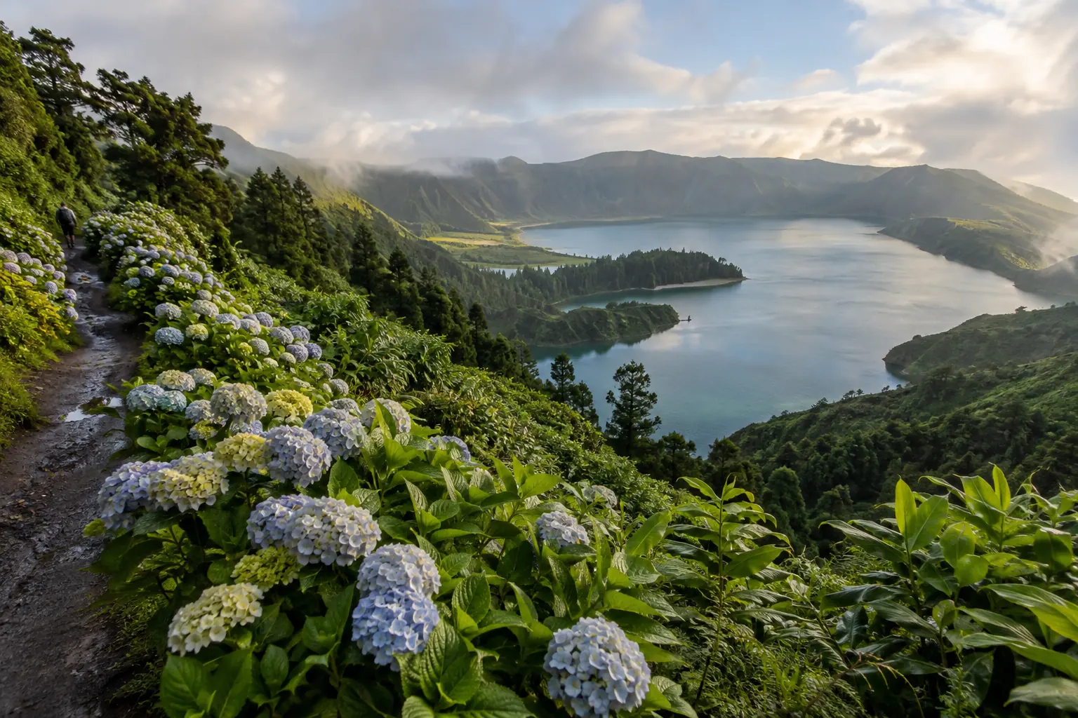 Lac volcanique et versants verdoyants de São Miguel vus depuis un sentier bordé d’hortensias