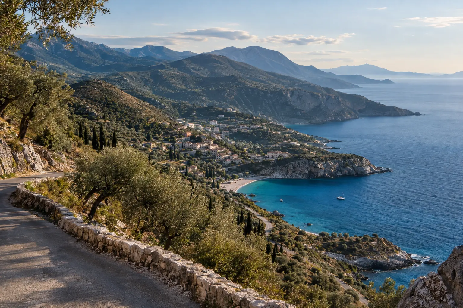 Crique turquoise de la Riviera albanaise vue depuis une route bordée d’oliviers