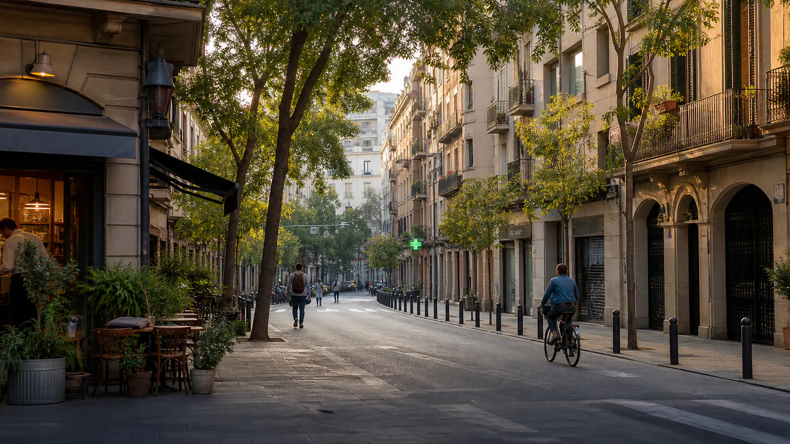 Rue arborée de Barcelone au petit matin, entre café de quartier, façades à balcons et vélo