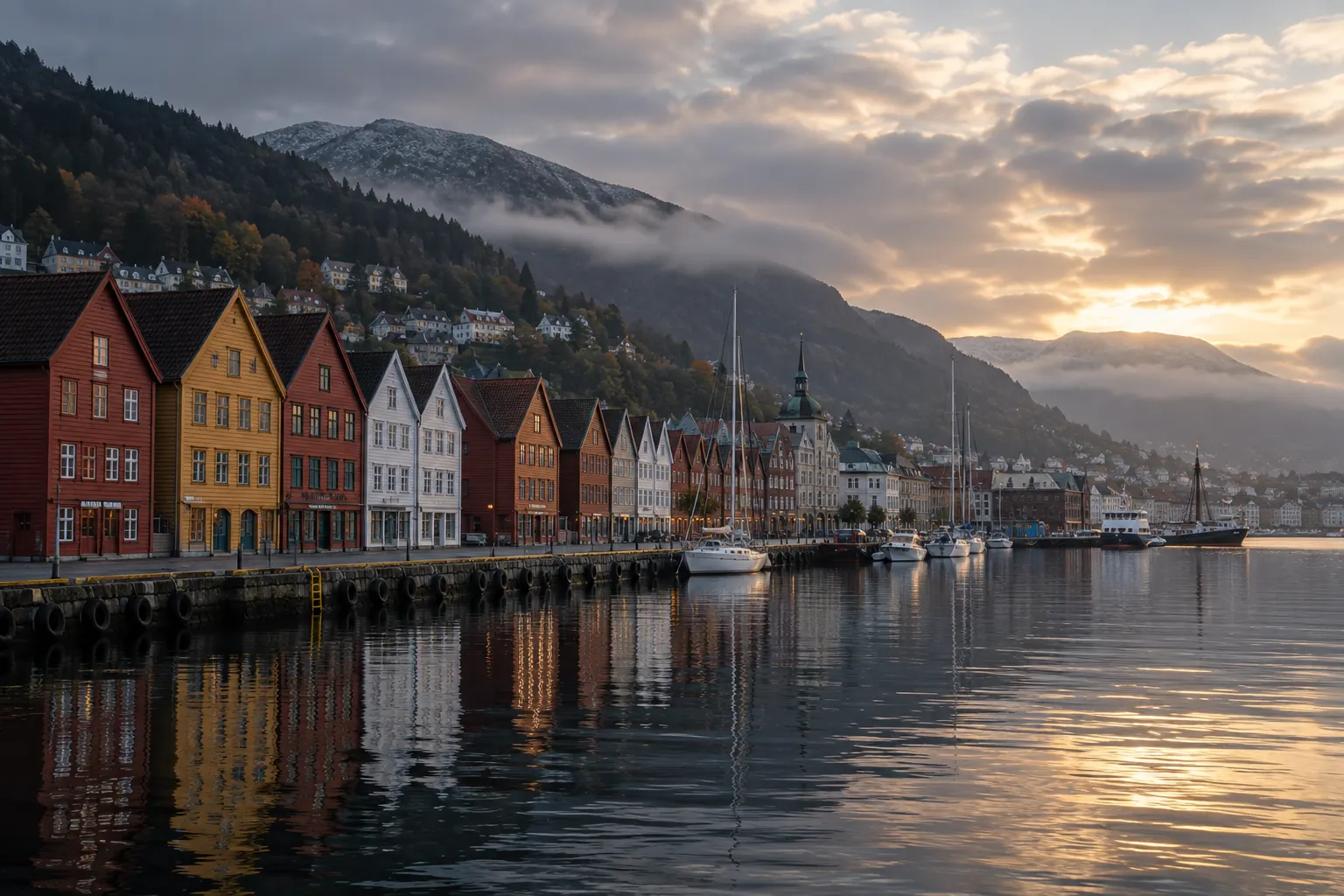 Maisons en bois de Bryggen et port de Bergen sous un ciel nordique