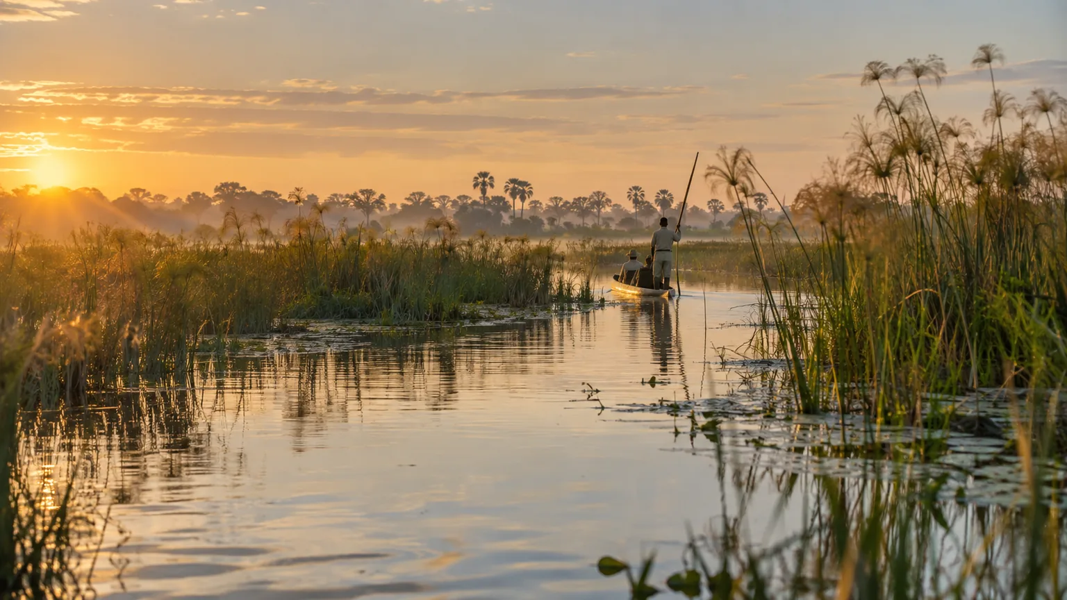Mokoro avançant dans un chenal bordé de papyrus dans le delta de l’Okavango
