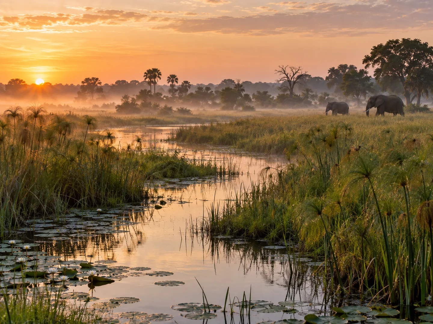 Éléphant près d’un chenal au lever du jour au Botswana
