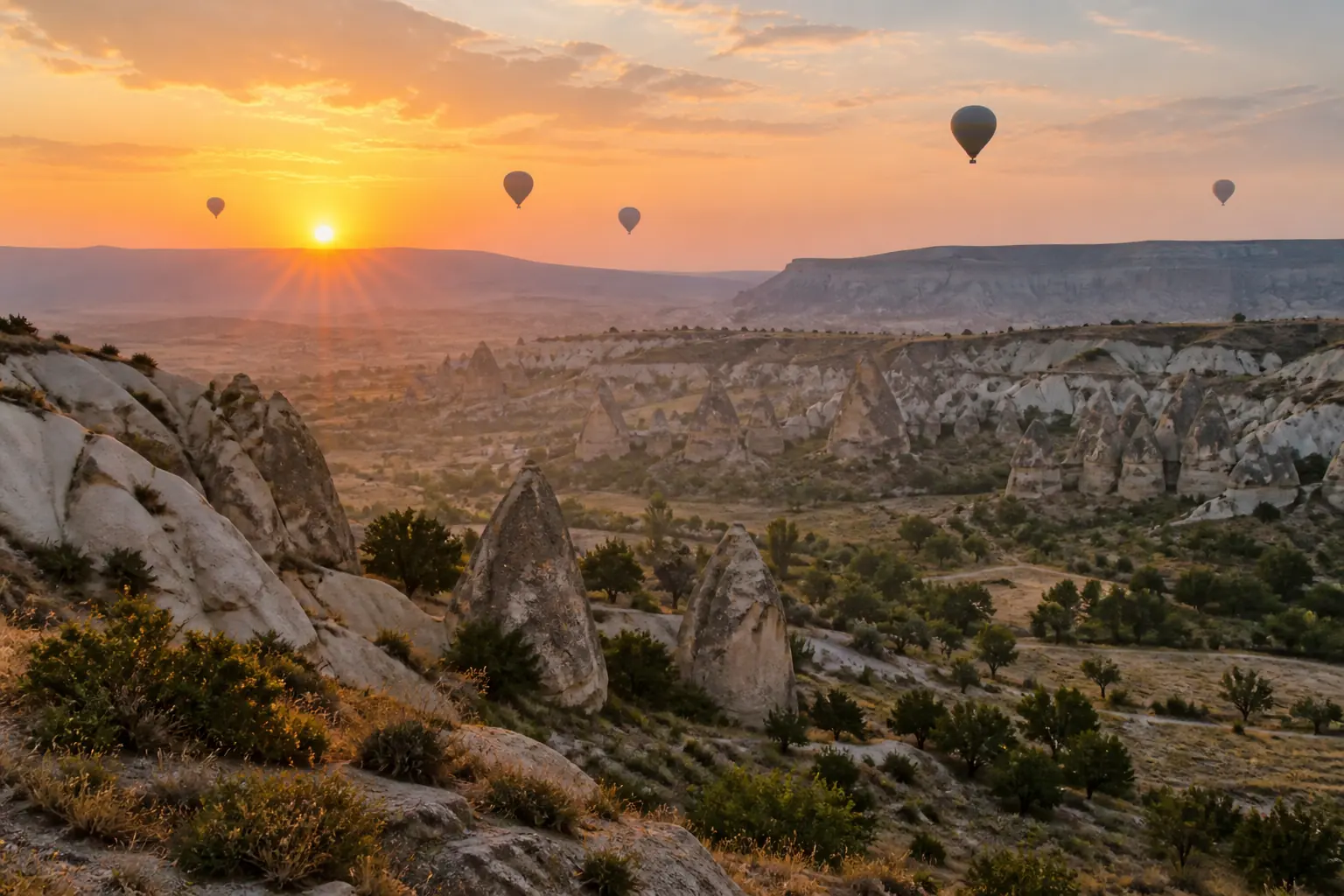 Chemin parmi les cheminées de fée de Cappadoce dans la lumière dorée du matin