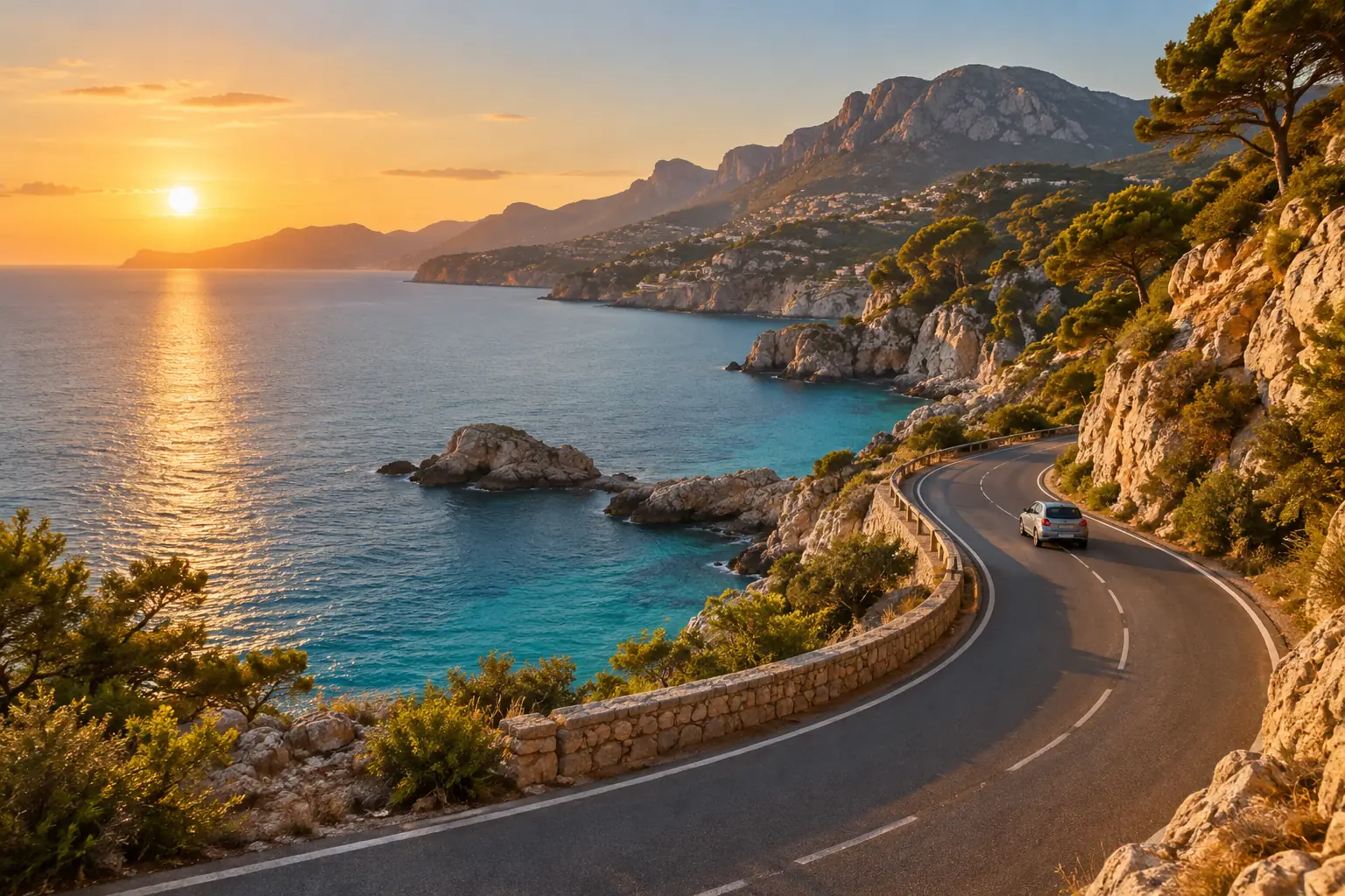 Voiture sur une route côtière méditerranéenne au soleil
