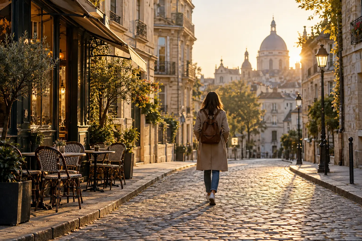 Promeneuse dans une rue européenne au petit matin
