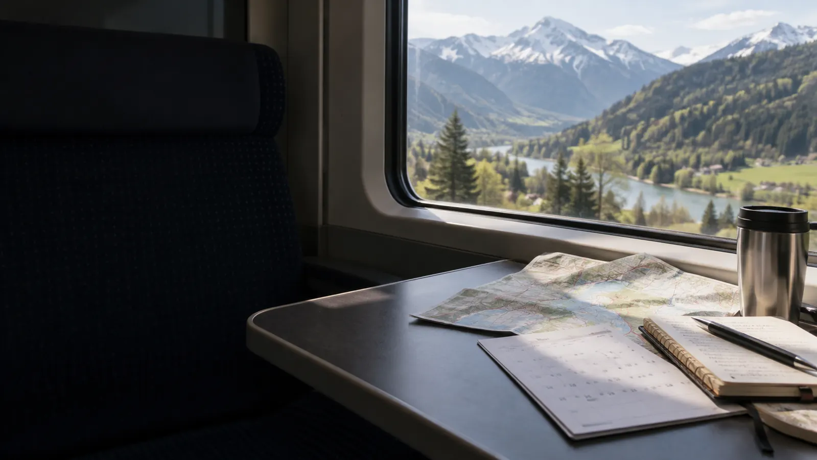 Calendrier et carte de voyage posés sur la table d’un train face à une vallée de montagne