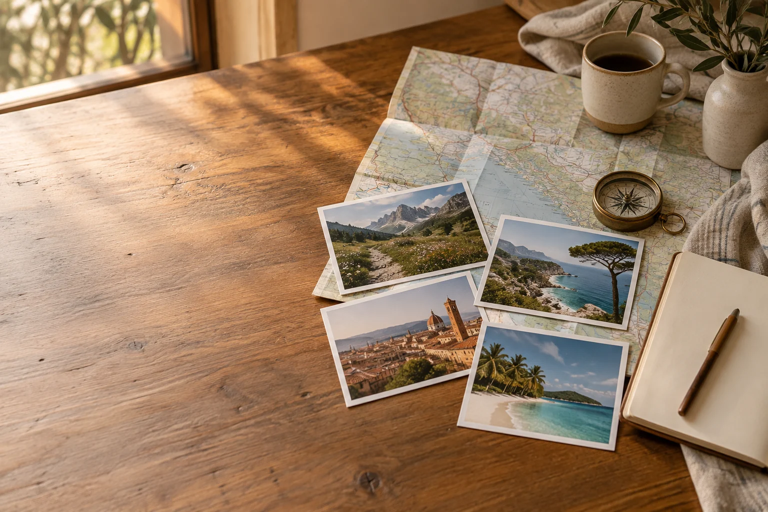 Carte, boussole, carnet et photographies de montagne, de côte, de ville et d’île pour choisir un voyage