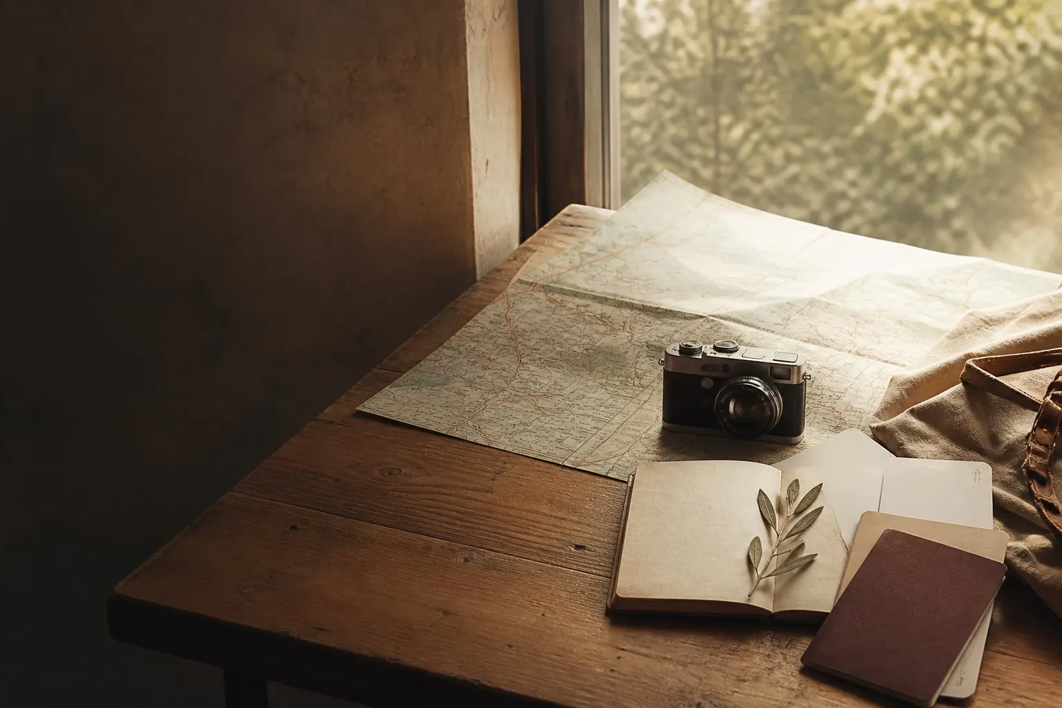 Carte, carnet et appareil photo pour préparer un voyage