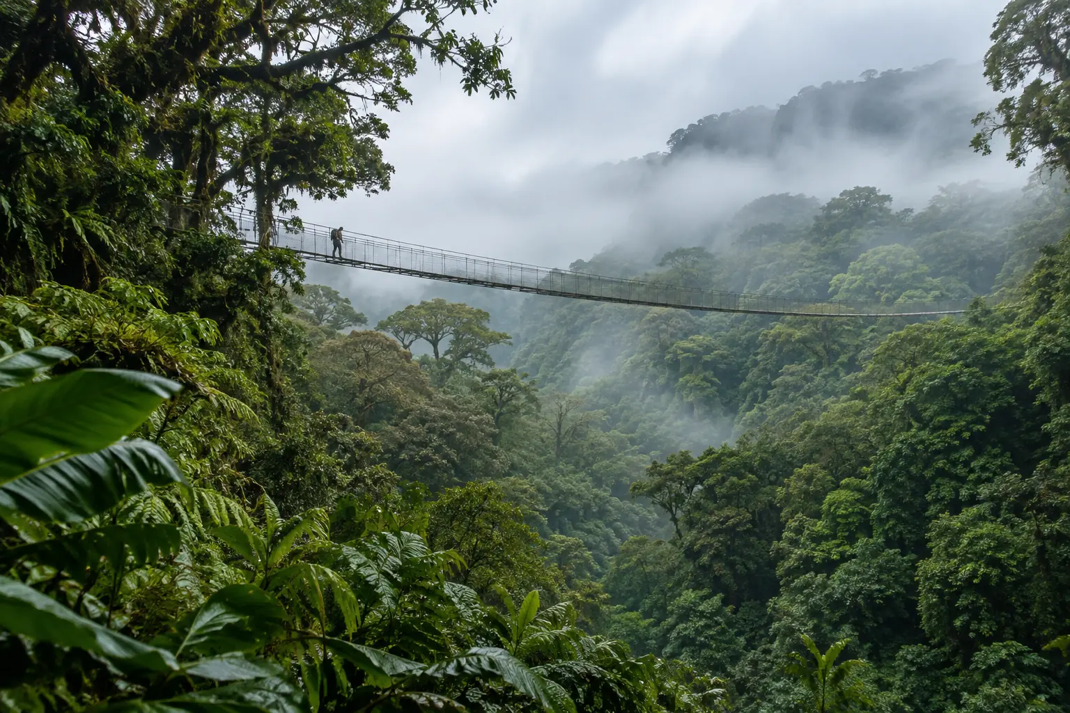 Passerelle suspendue dans la forêt de nuages luxuriante du Costa Rica