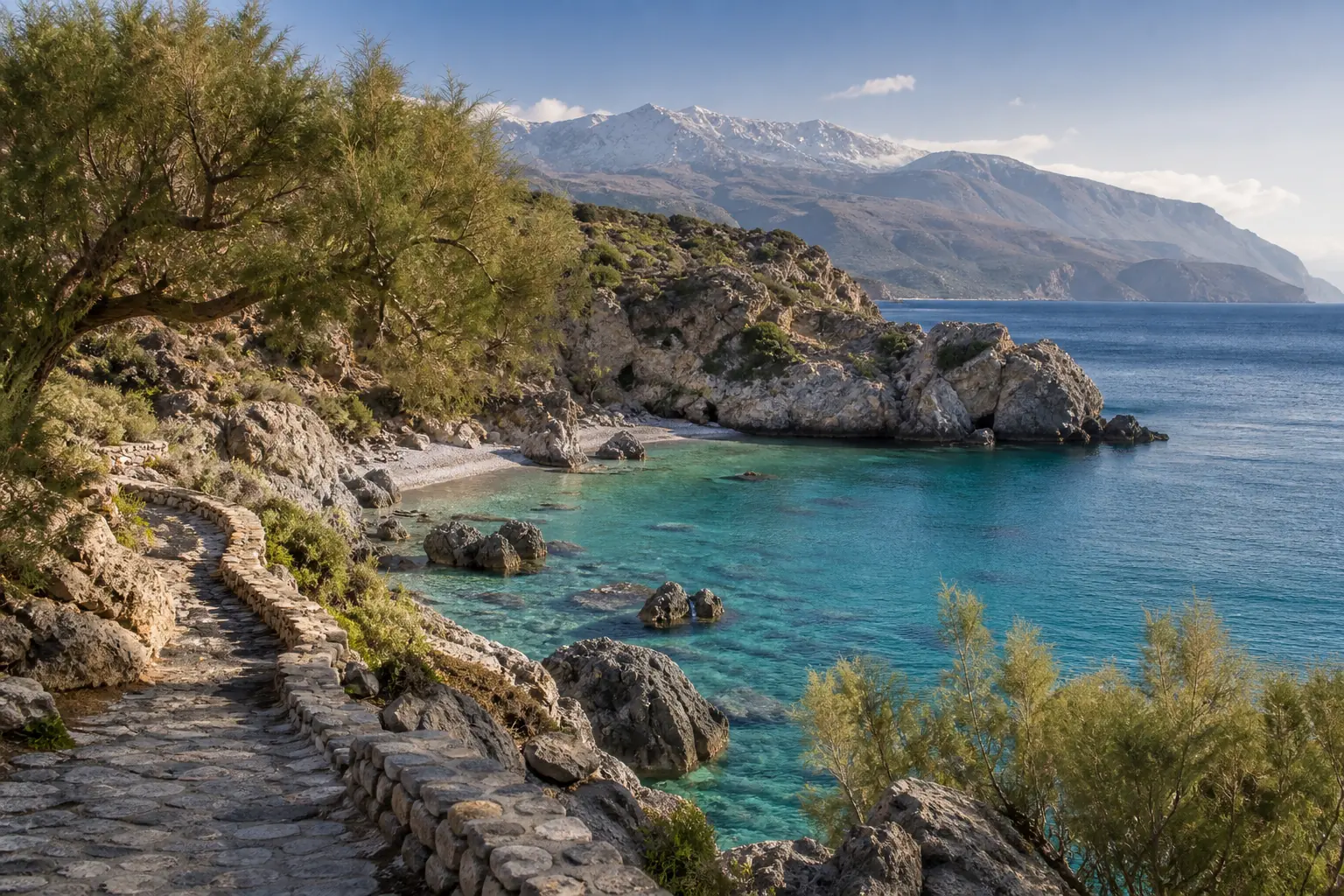 Sentier de pierre au-dessus d’une crique turquoise de Crète avec les montagnes au loin
