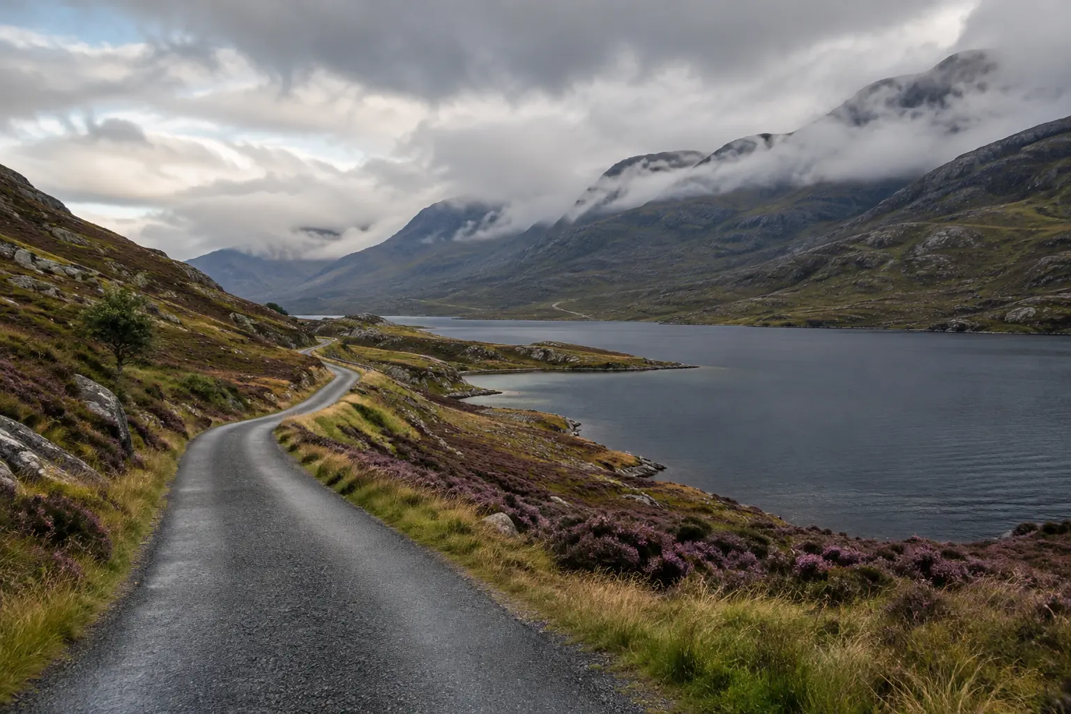 Route à voie unique longeant un loch sous les nuages bas des Highlands écossais