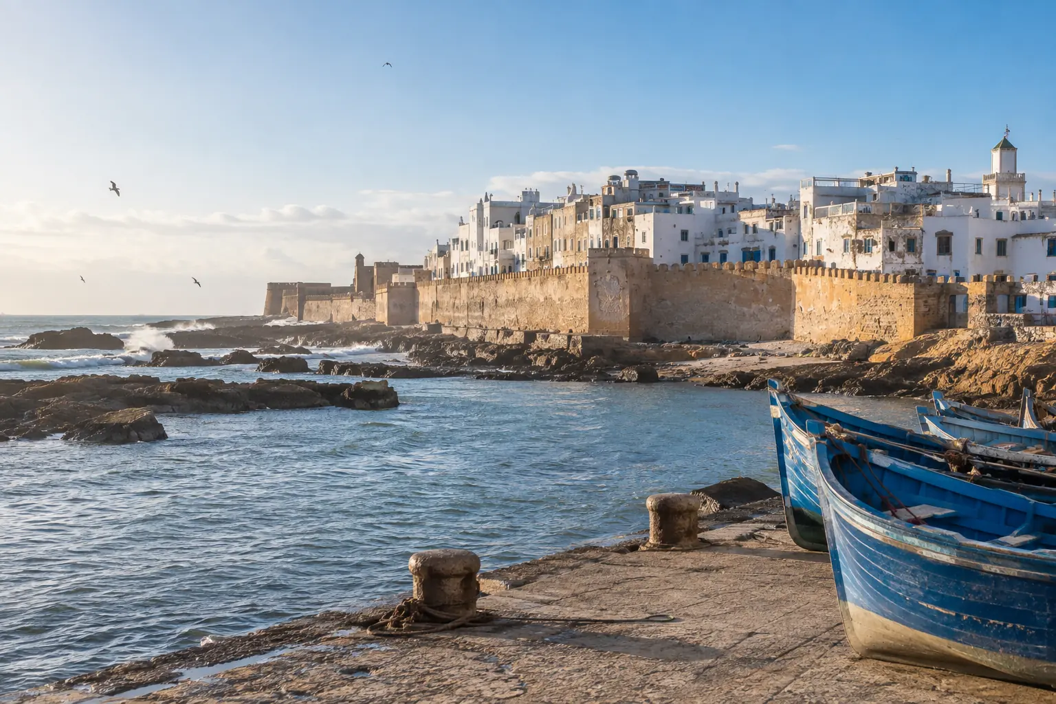Remparts blancs et port de pêche d’Essaouira dans la lumière douce du matin