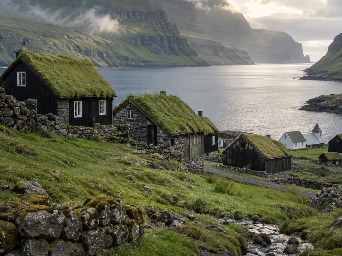 Maisons à toit d’herbe au bord d’un fjord des îles Féroé