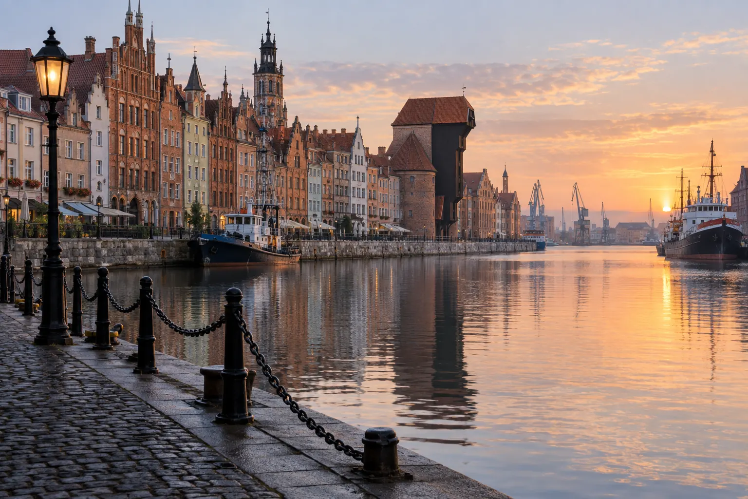 Maisons à pignons et quais de la Motława à Gdańsk au lever du soleil