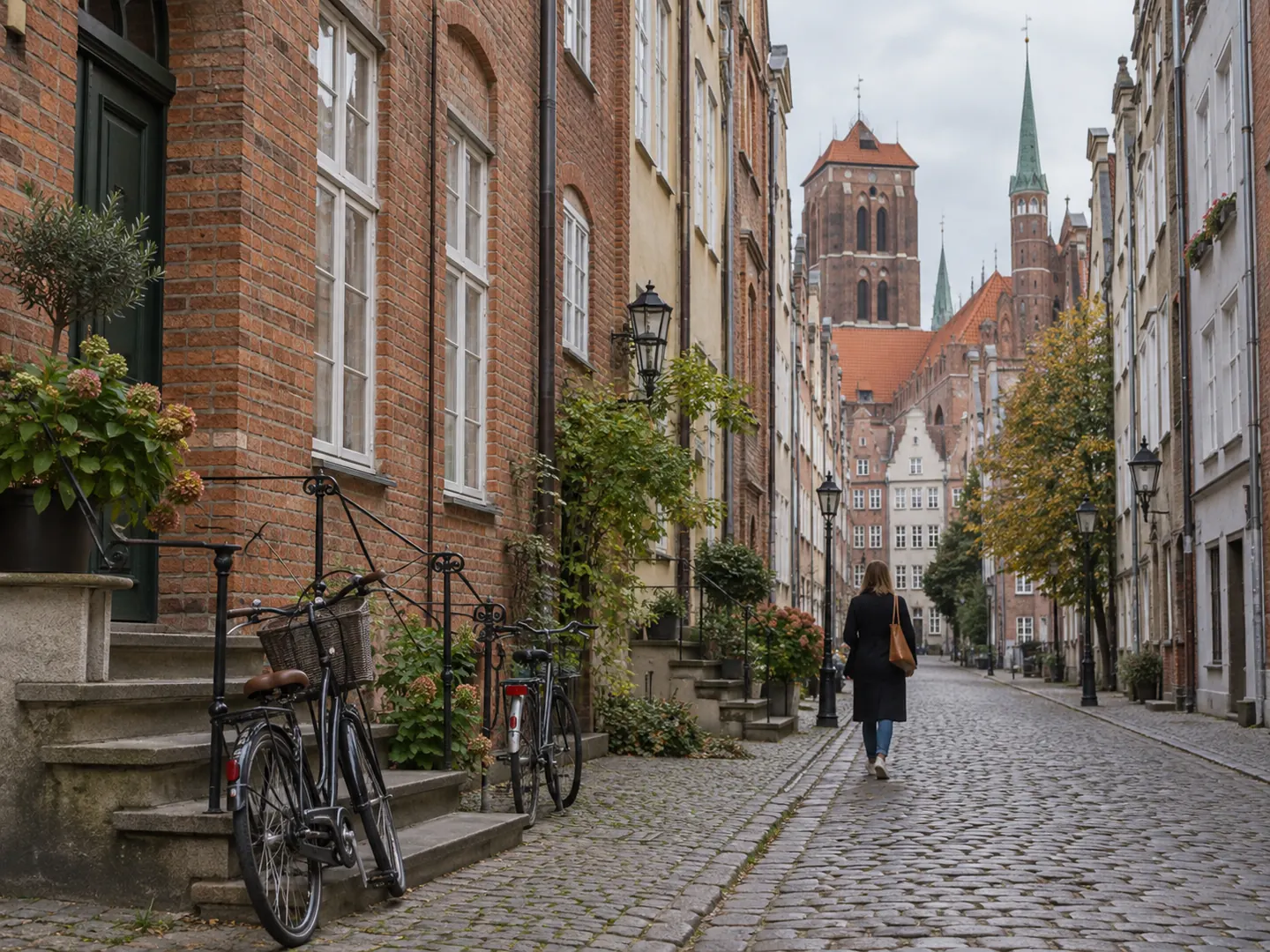 Ruelle pavée du centre de Gdańsk entre maisons en brique et vélos