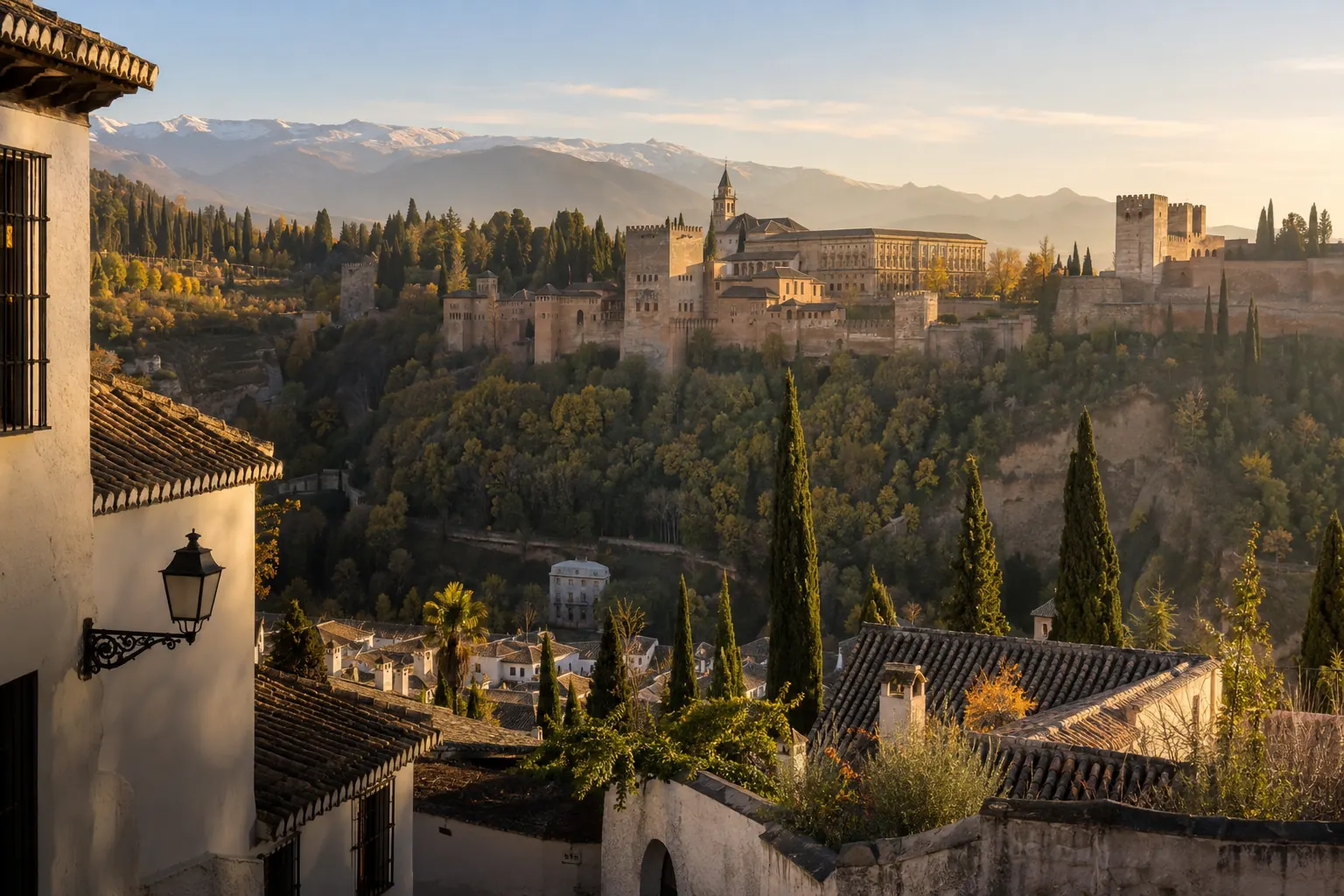 Alhambra de Grenade vue depuis l’Albaicín dans la lumière du matin