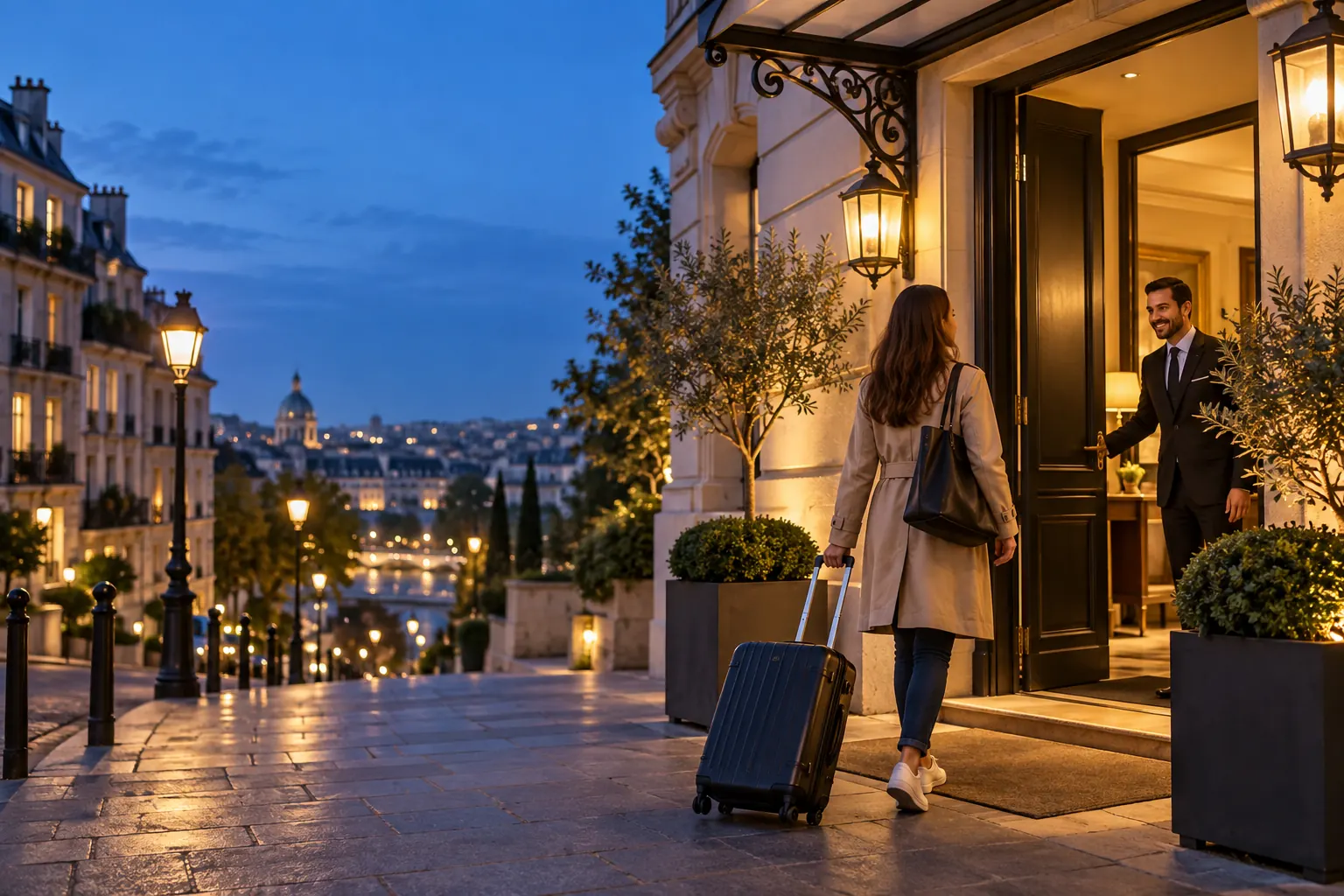 Voyageuse arrivant avec sa valise devant un hôtel éclairé à la tombée de la nuit