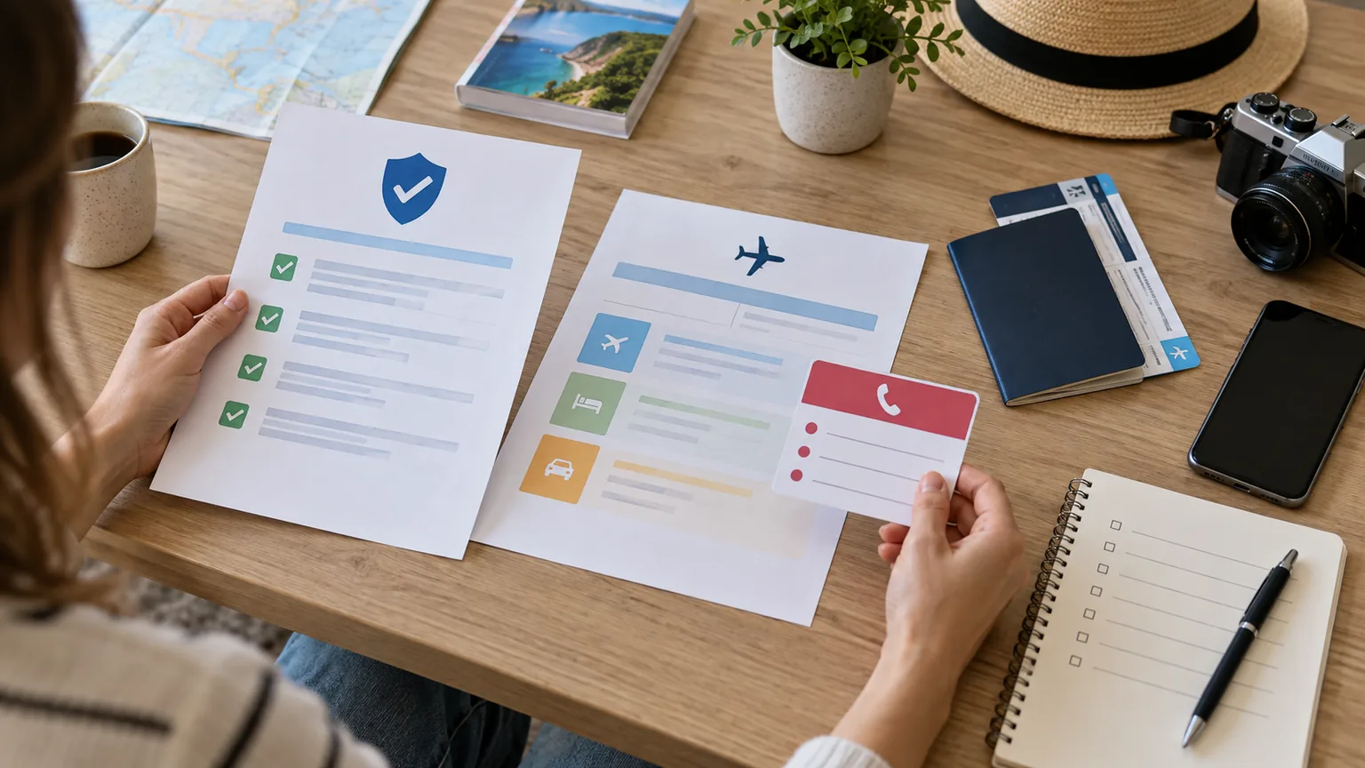 Voyageuse comparant des garanties, des documents de voyage et une fiche de contacts