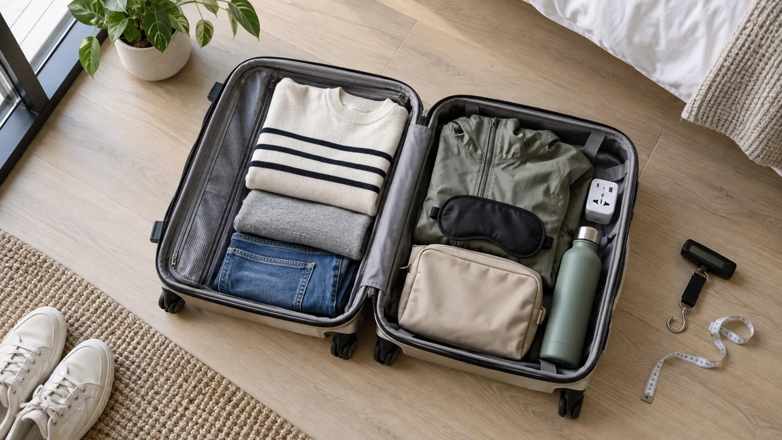 Bagage cabine ouvert et organisé avec les essentiels de voyage