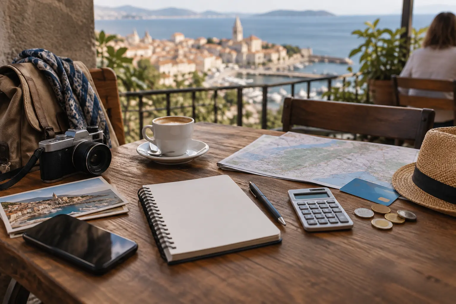 Carnet de budget, monnaie et billet de train disposés sur une table de café