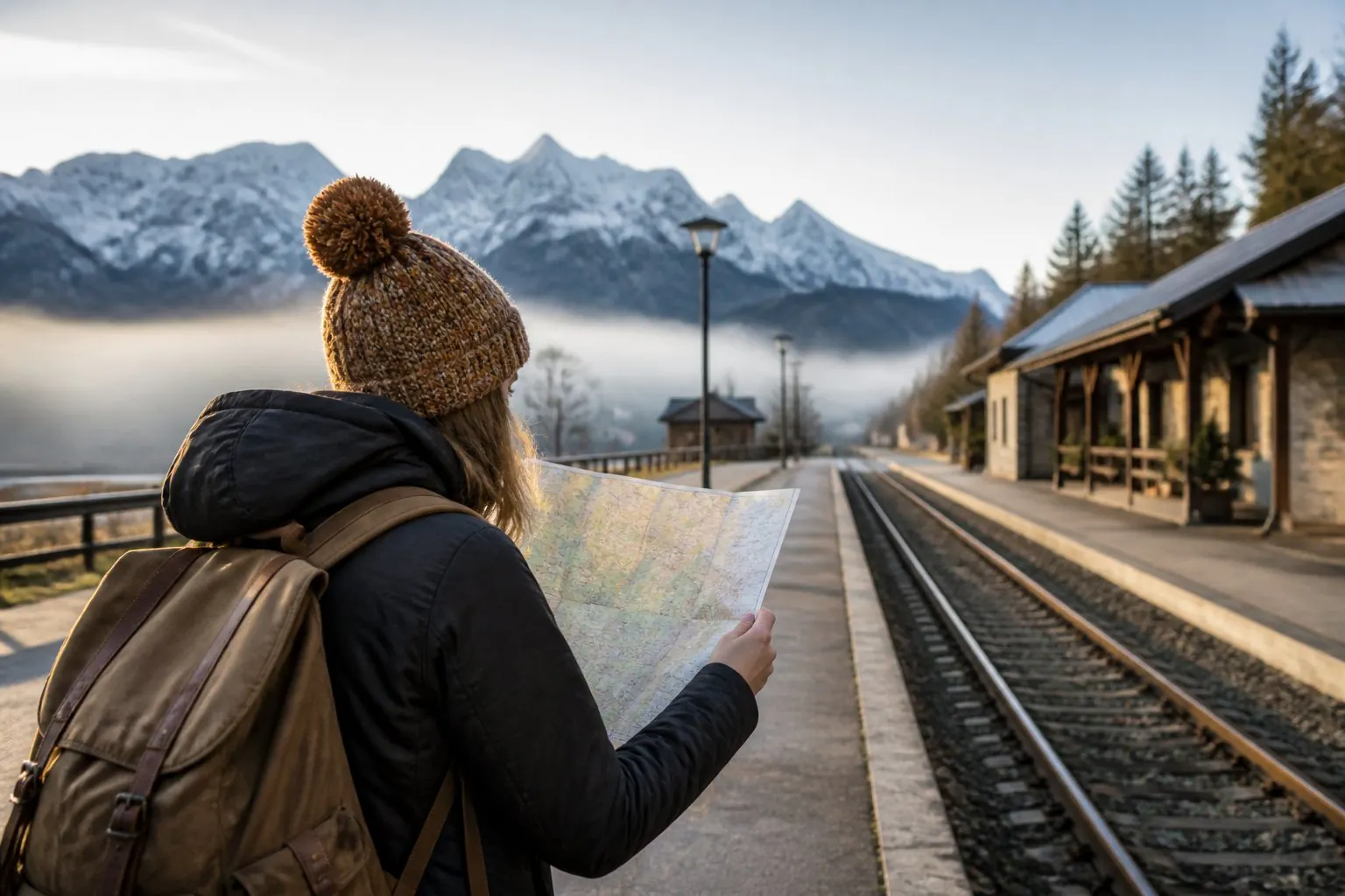 Voyageuse consultant son itinéraire sur un quai de montagne