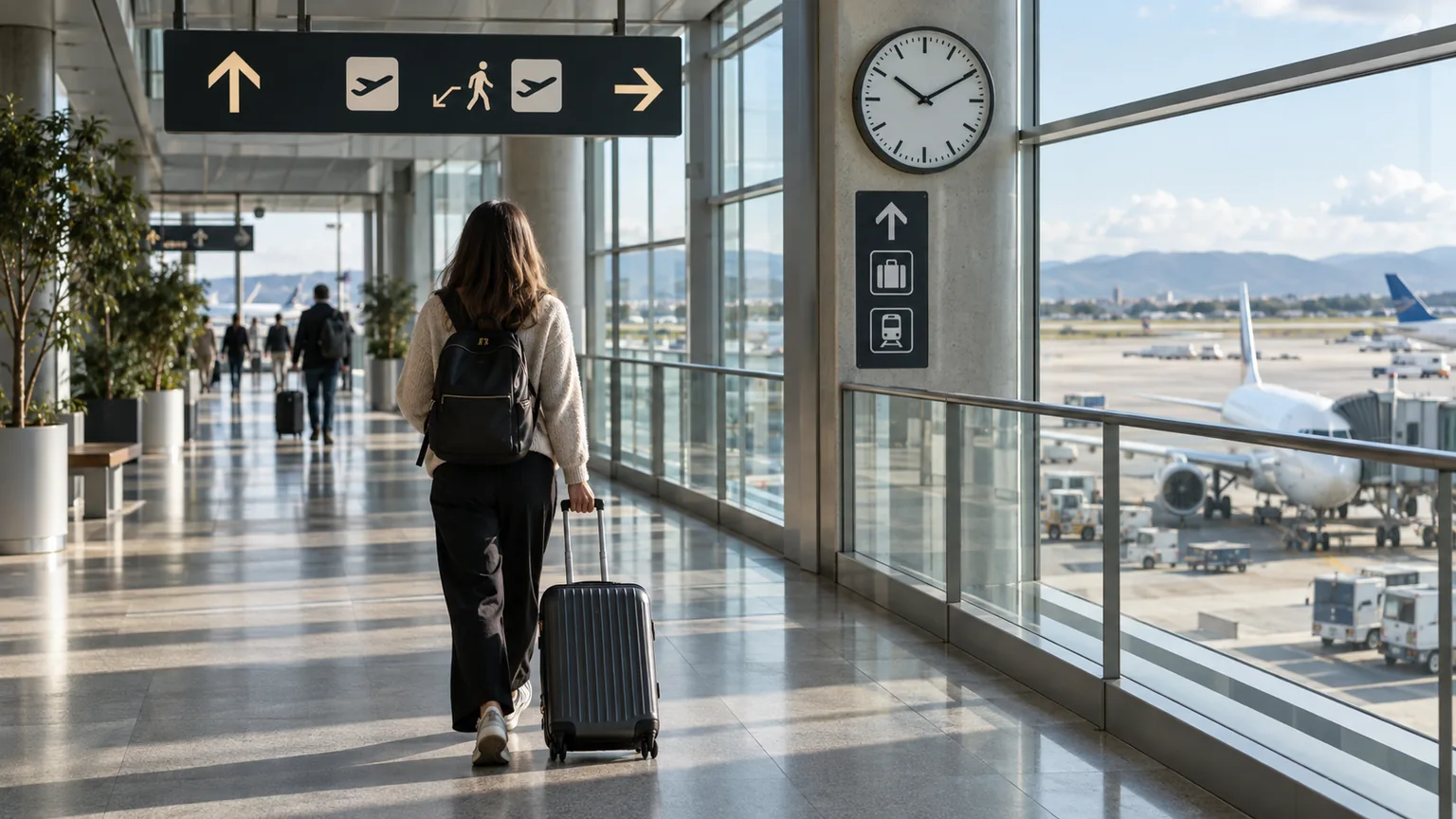 Voyageuse en correspondance dans un aéroport lumineux