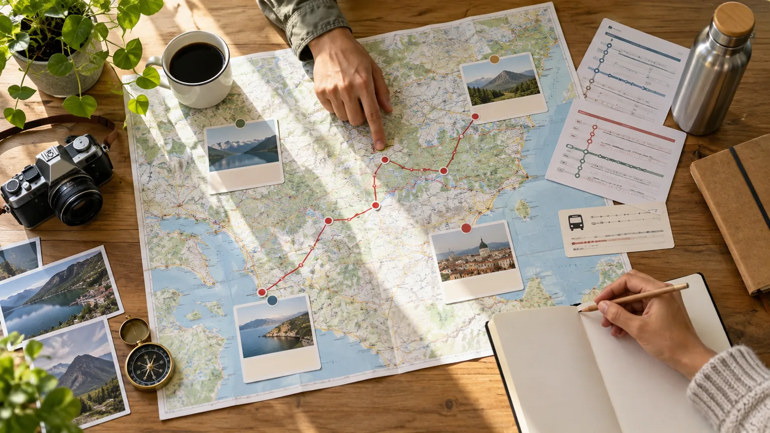 Carte et étapes reliées sur une table pendant la préparation d’un itinéraire