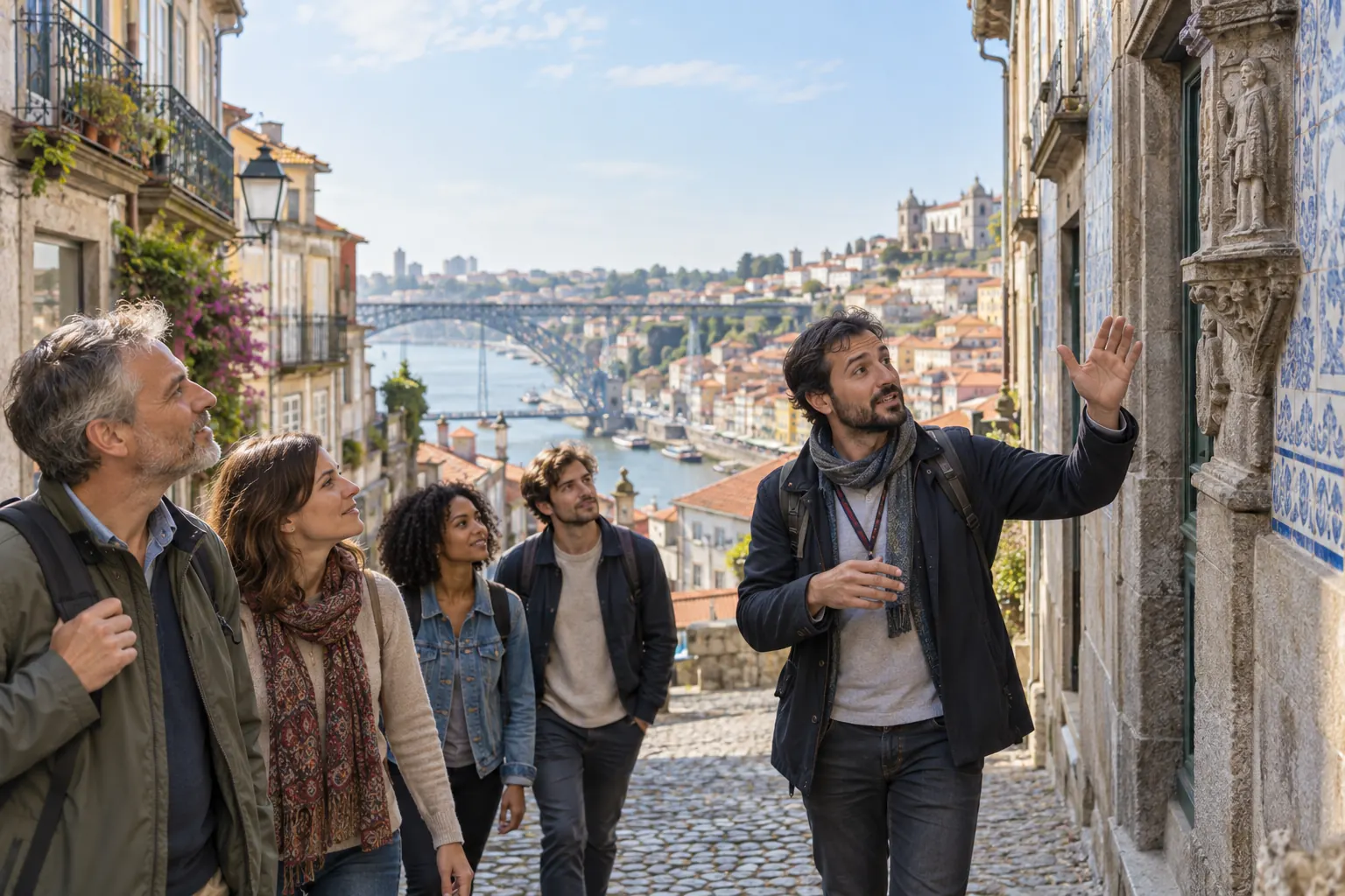 Petit groupe écoutant un guide local dans une rue historique