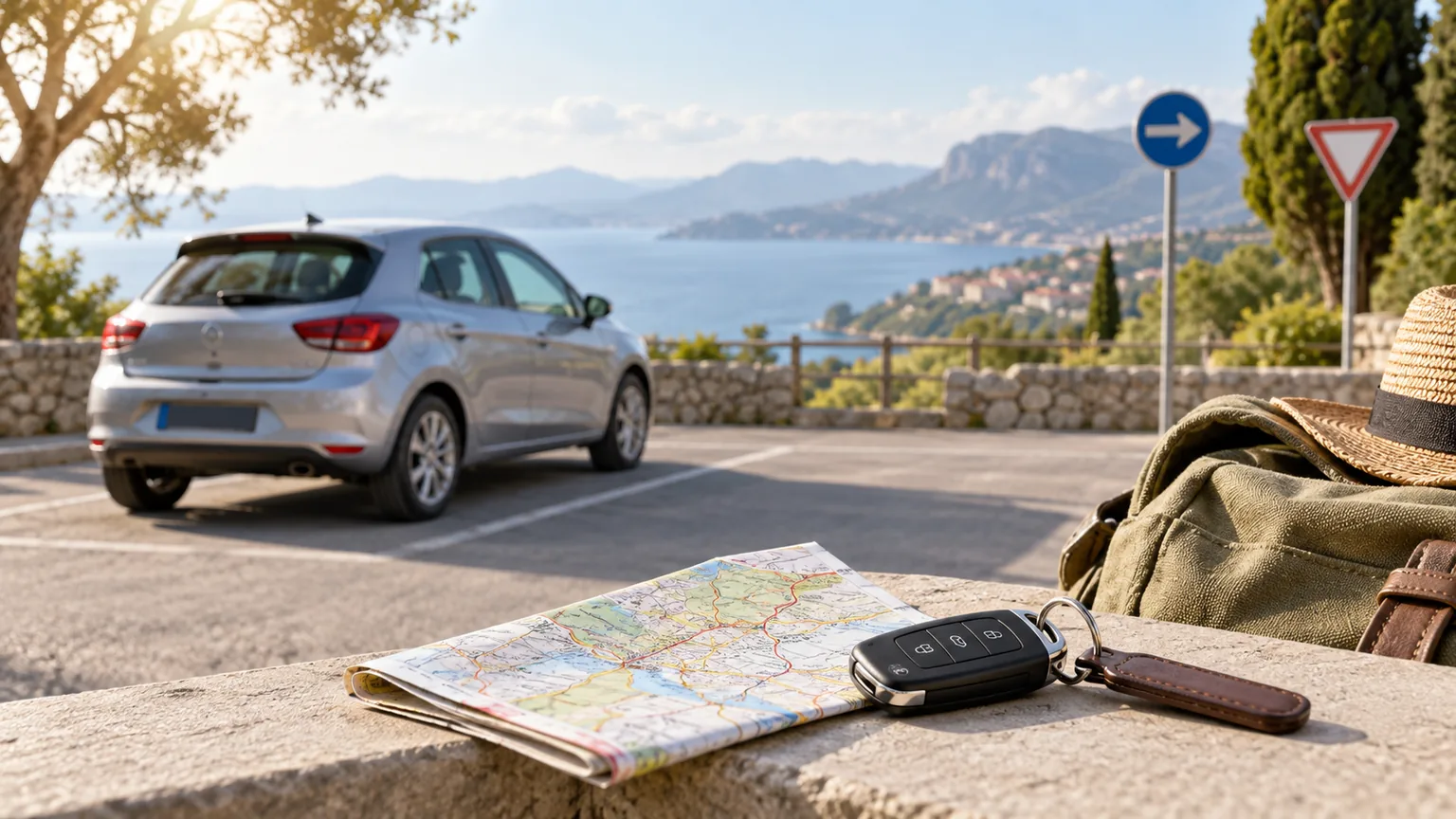 Voiture de location, clé et carte routière avant un départ
