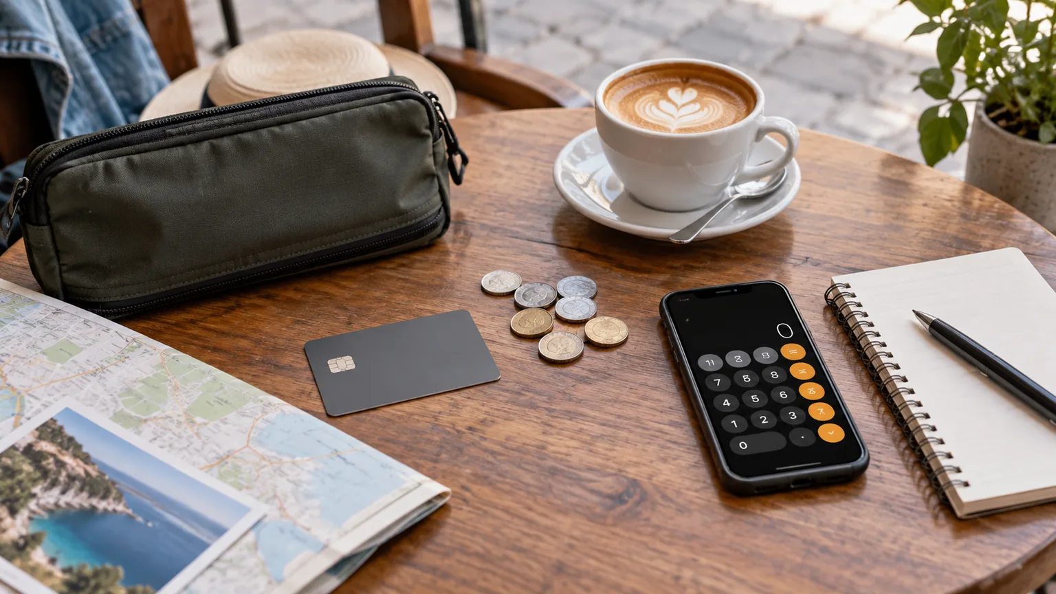 Carte bancaire neutre, monnaies, téléphone et carnet organisés sur une table de voyage