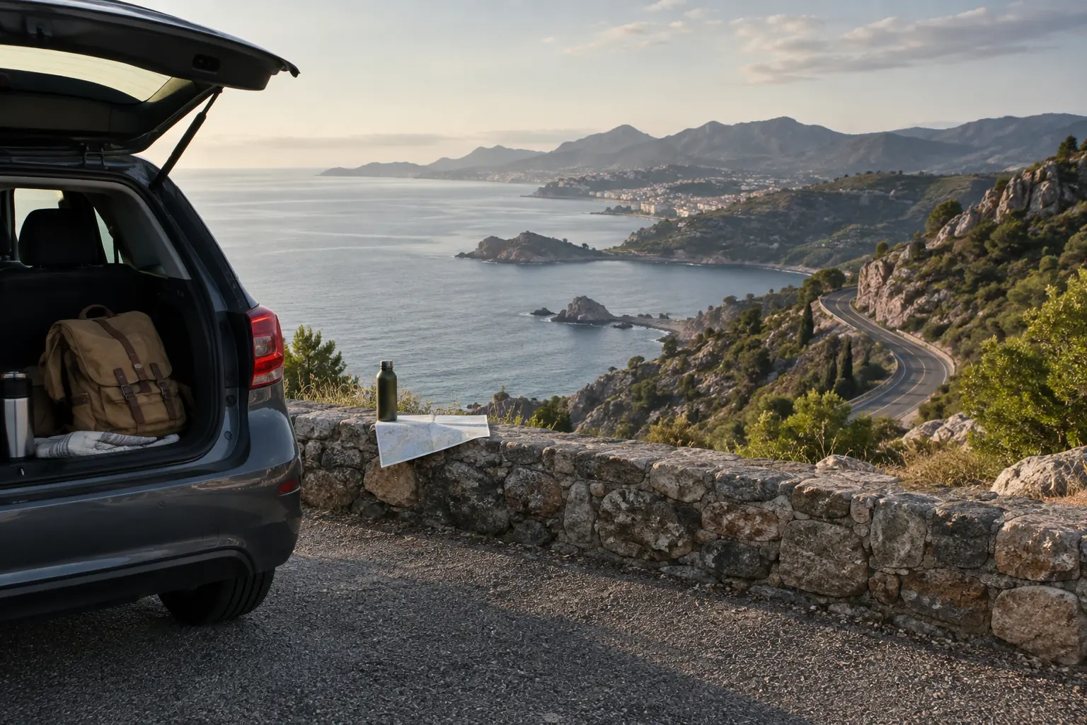 Voiture stationnée sur une route panoramique bordée de montagnes et de pins