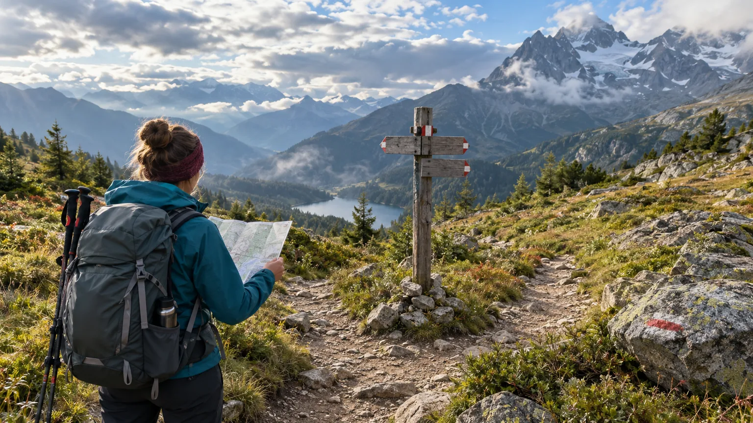 Randonneuse consultant une carte à un carrefour de sentiers en montagne