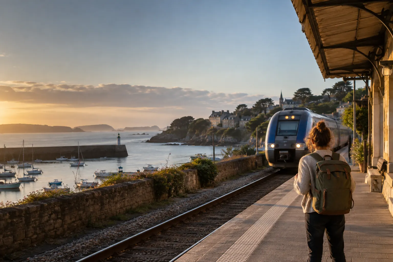 Voyageuse sur un quai de gare côtière face à un train et à un port au lever du soleil