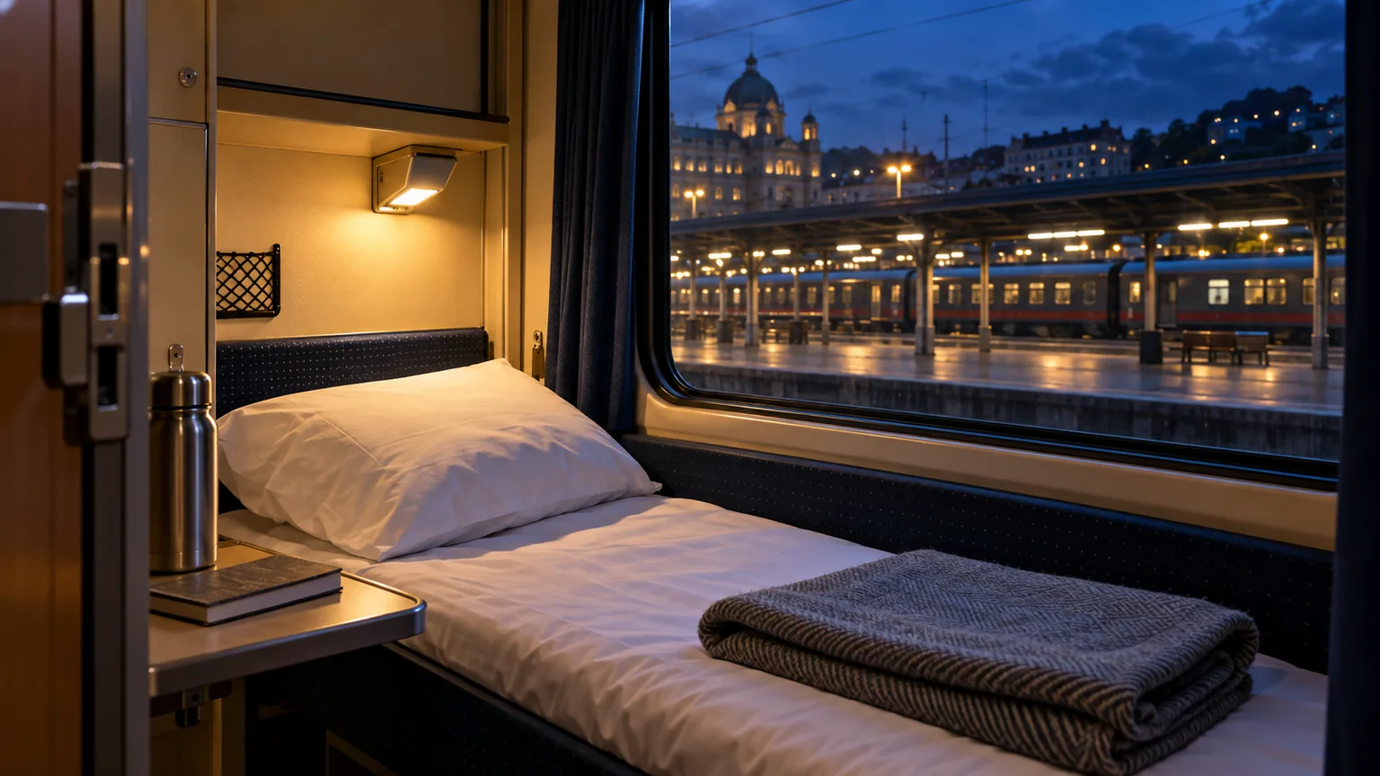 Compartiment de train de nuit préparé avant le départ avec une gare éclairée visible par la fenêtre