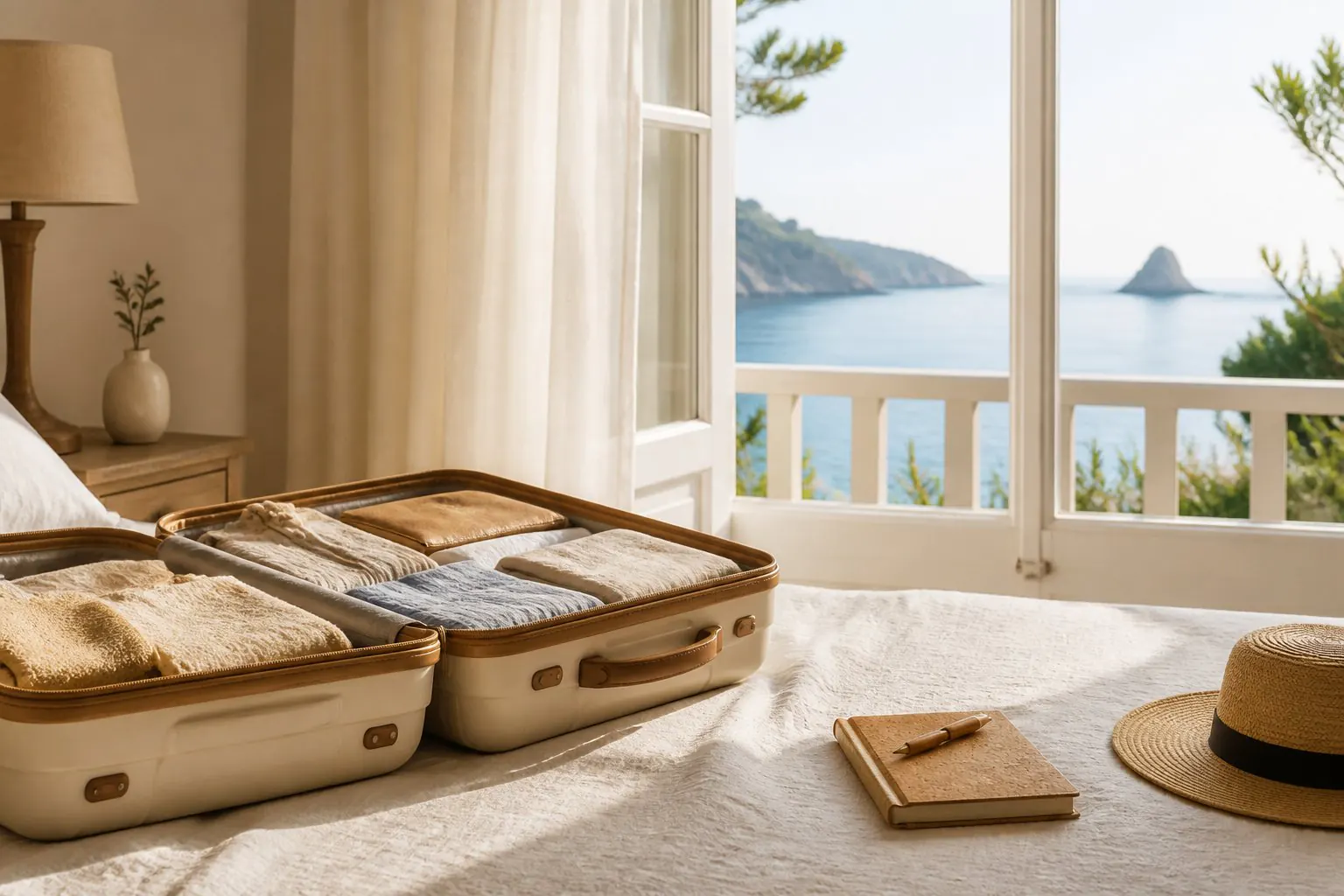 Valise ouverte dans une chambre lumineuse face à la mer