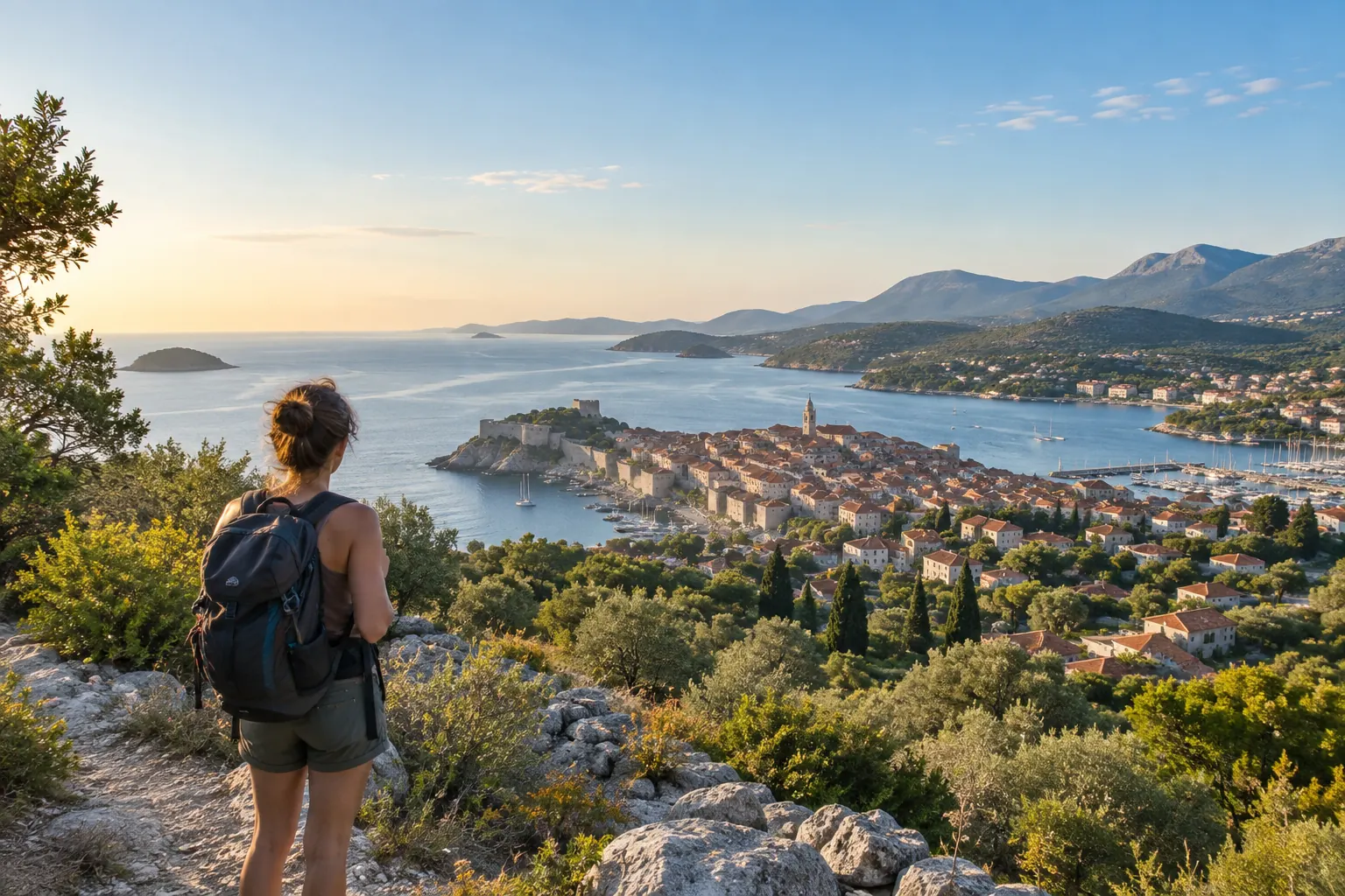 Vue d’une ville historique depuis un sentier verdoyant sur une colline côtière