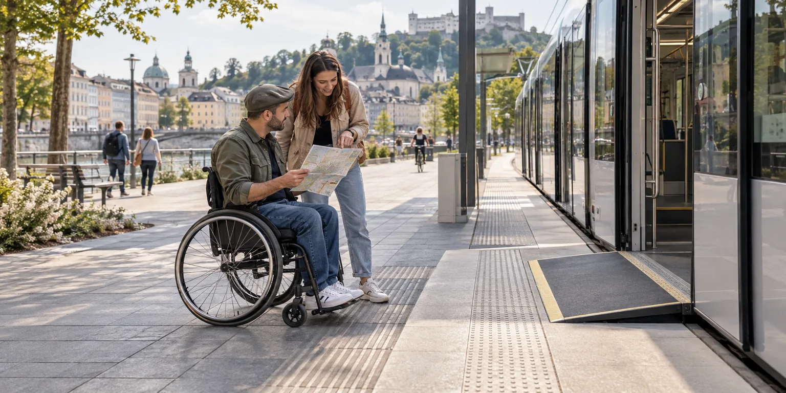 Voyageur en fauteuil roulant et accompagnante près d’un tramway accessible