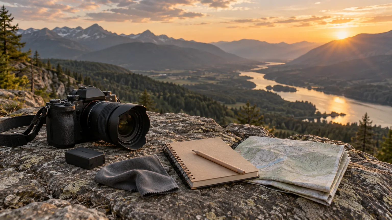 Appareil photo, carnet et carte devant une vallée au coucher du soleil