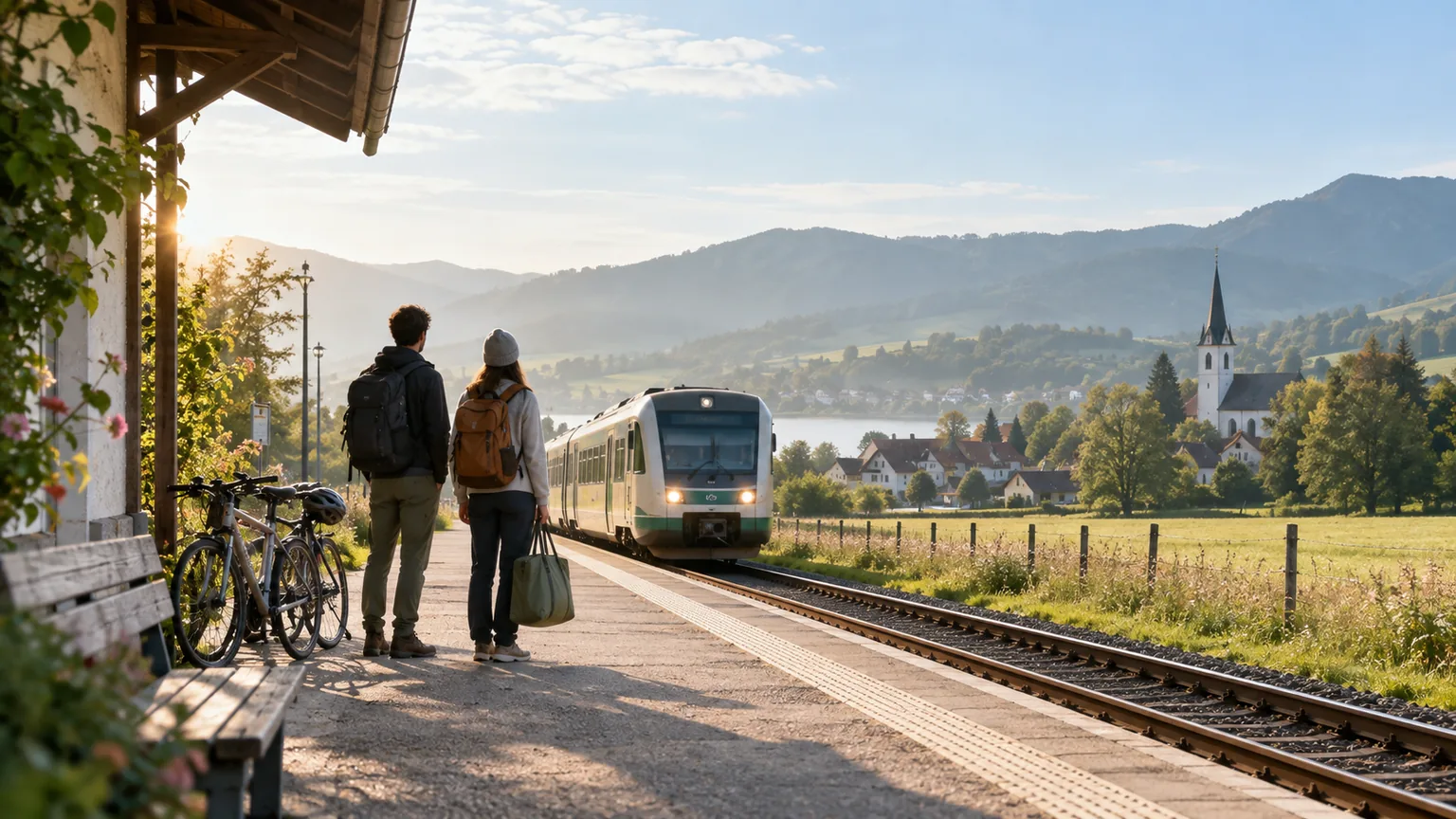 Deux voyageurs avec des vélos attendent un train dans une petite gare rurale