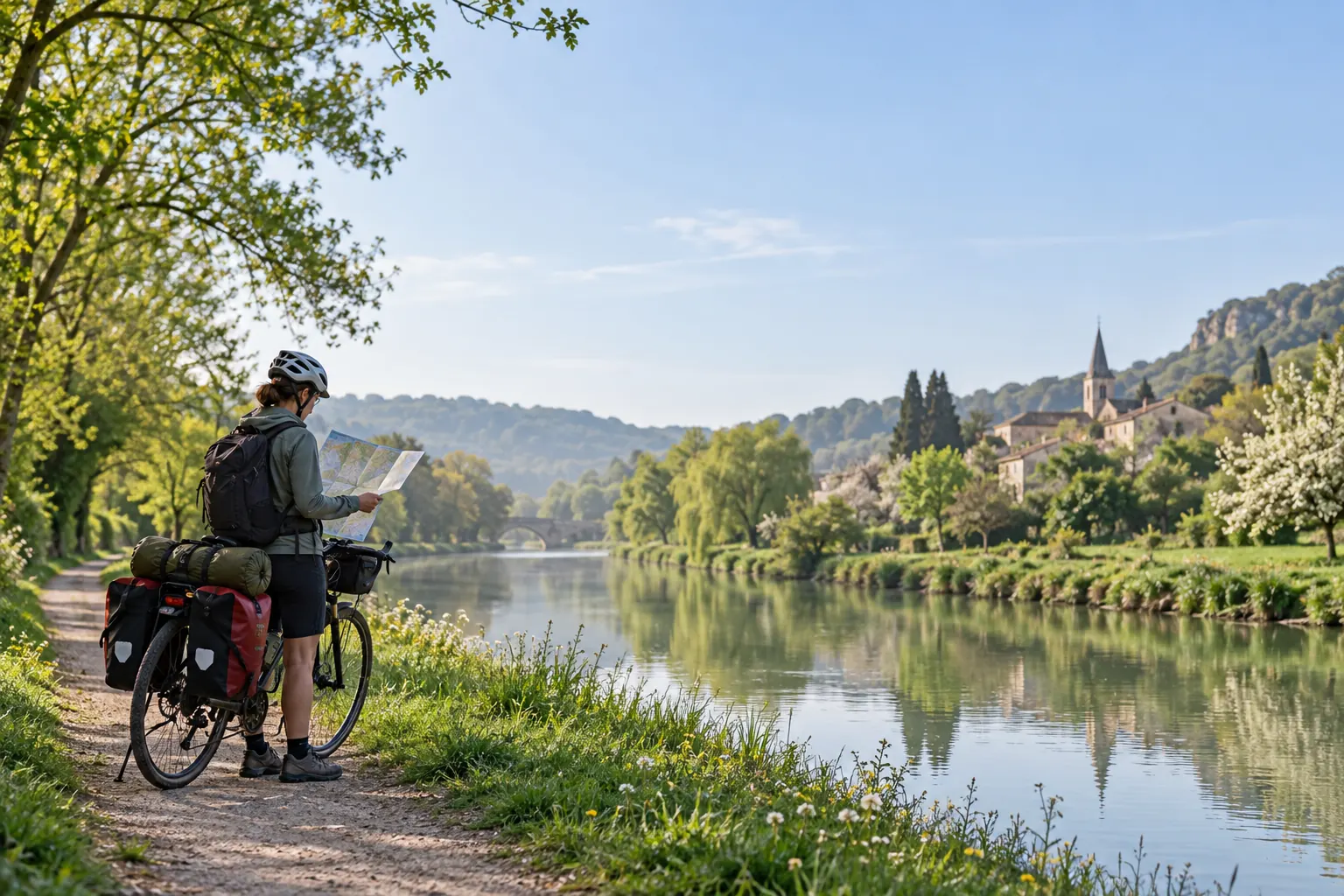 Vélo de voyage et sacoches au bord d’un canal verdoyant