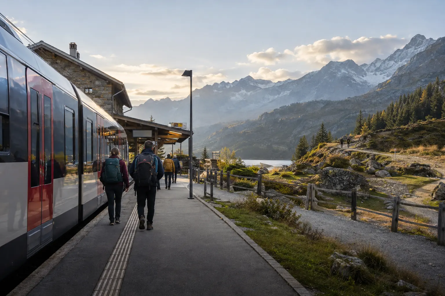 Voyageur attendant un train régional dans une petite gare face aux montagnes