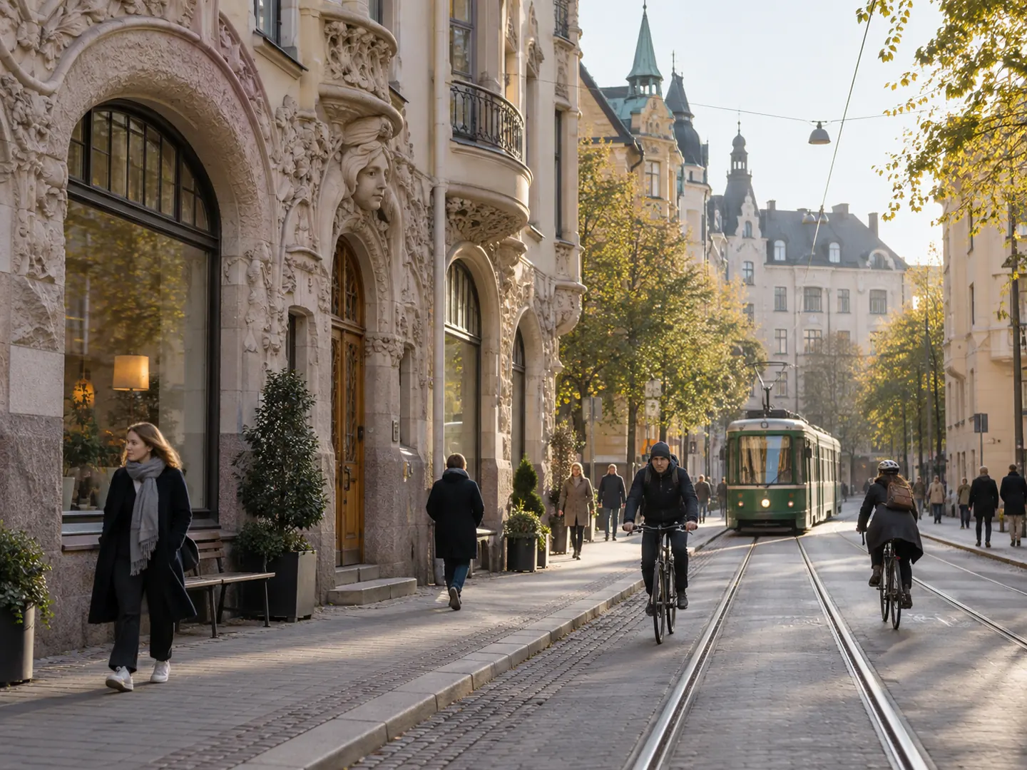 Rue du quartier du design d’Helsinki avec tramway et cyclistes