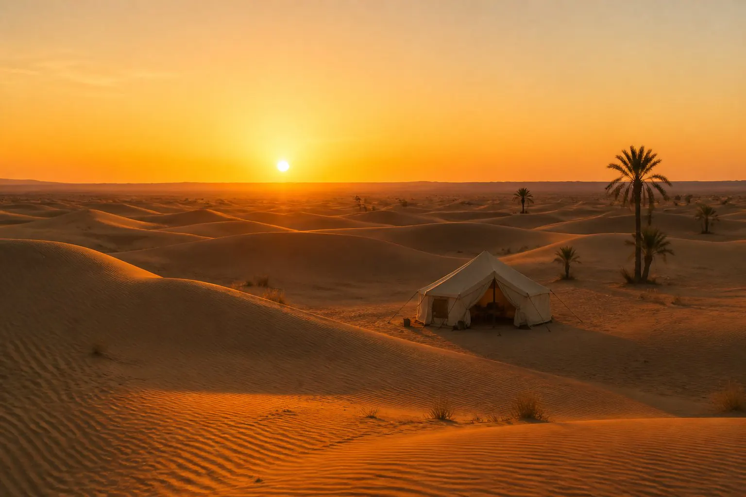 Dunes dorées et camp de toile discret au coucher du soleil