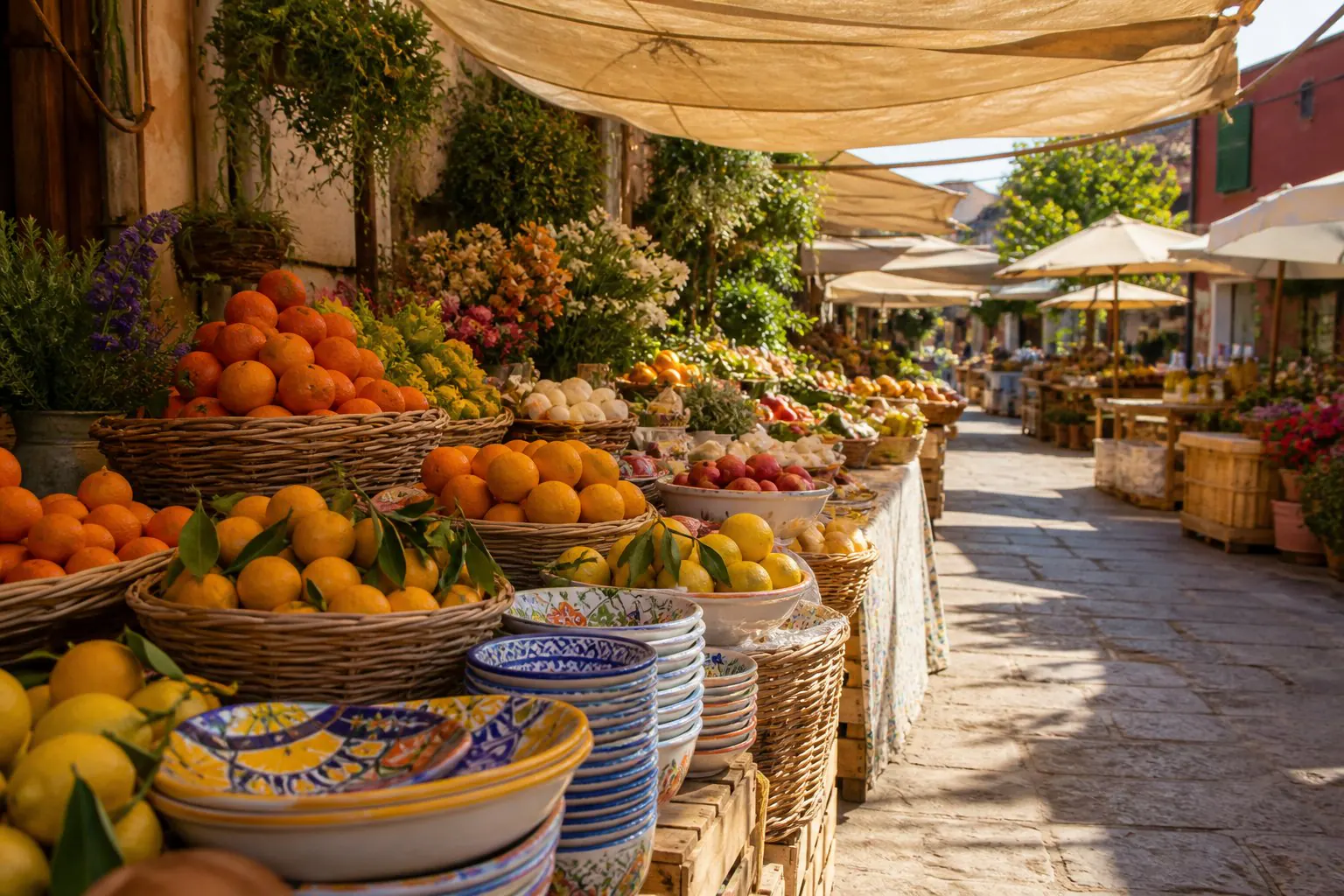 Marché en plein air avec agrumes, fleurs et céramiques