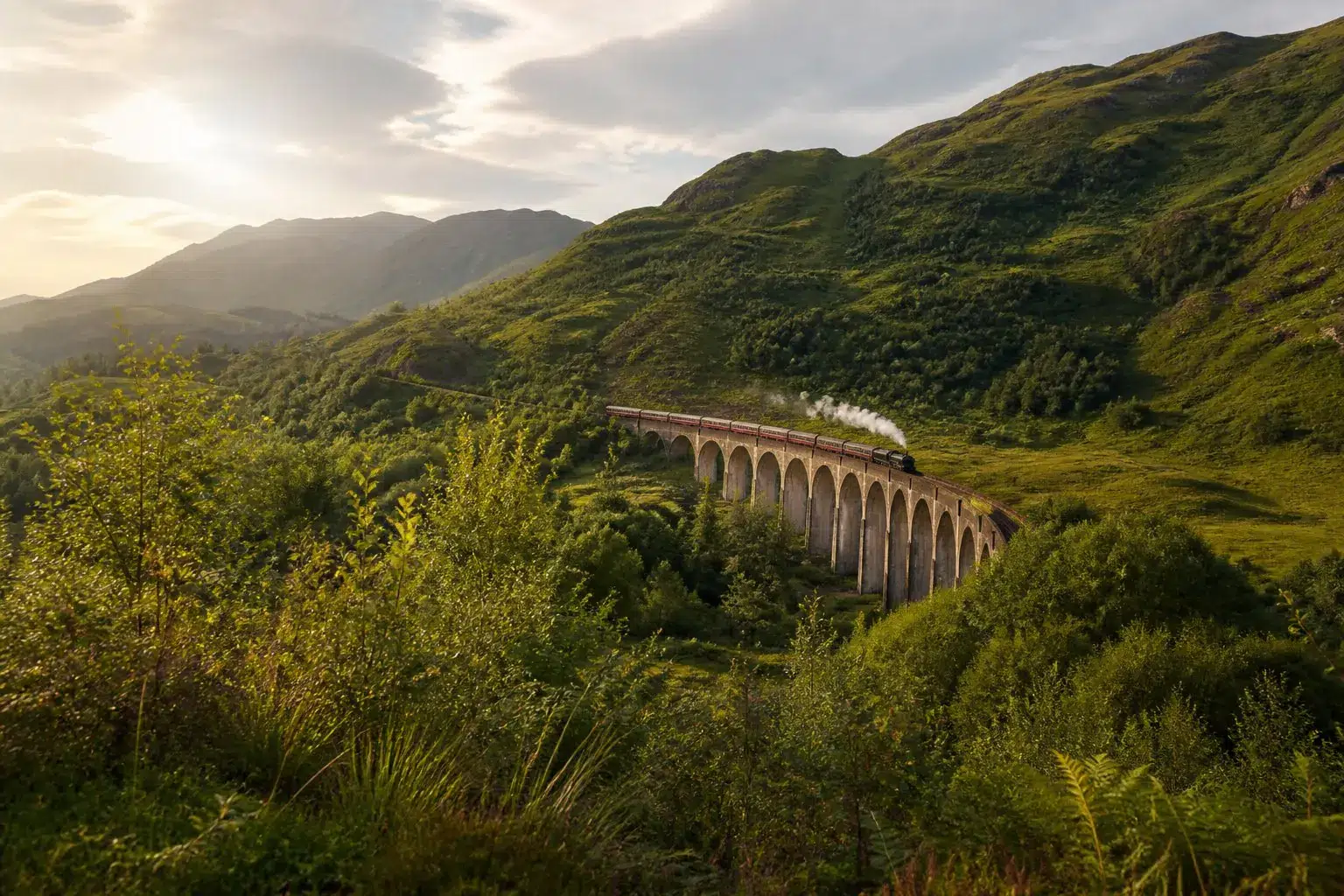 Train panoramique franchissant un viaduc dans une vallée verte