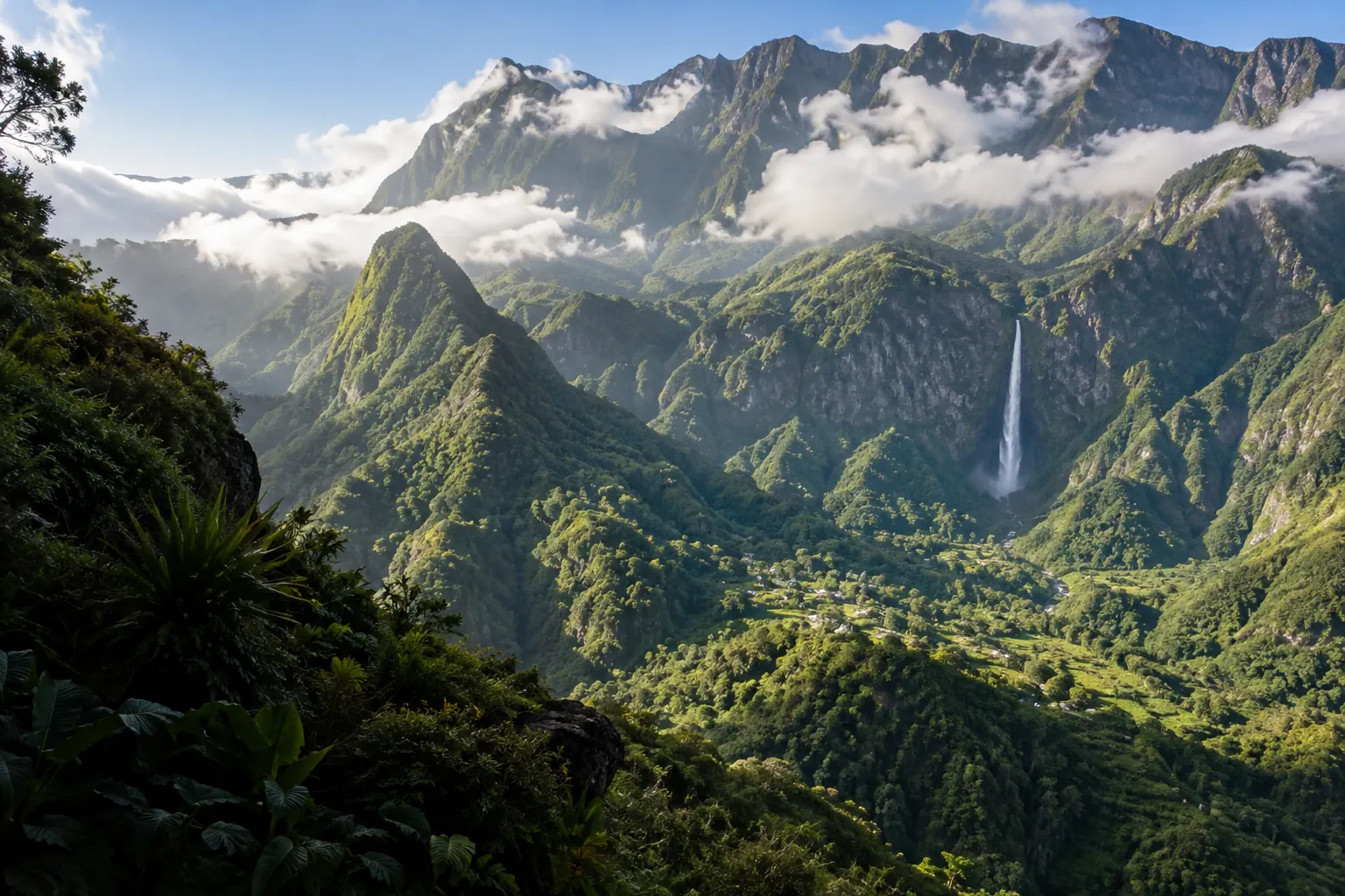 Cirque verdoyant et cascade dans les reliefs de La Réunion