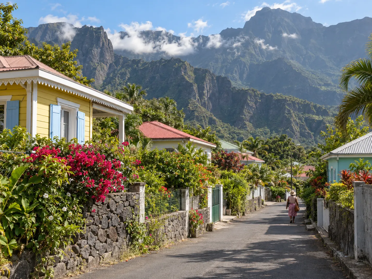 Rue de Cilaos et maisons créoles devant les montagnes de La Réunion