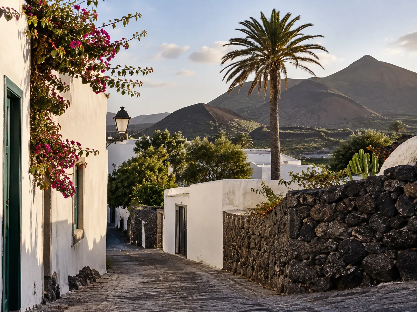 Village blanc entre reliefs volcaniques et palmiers à Lanzarote