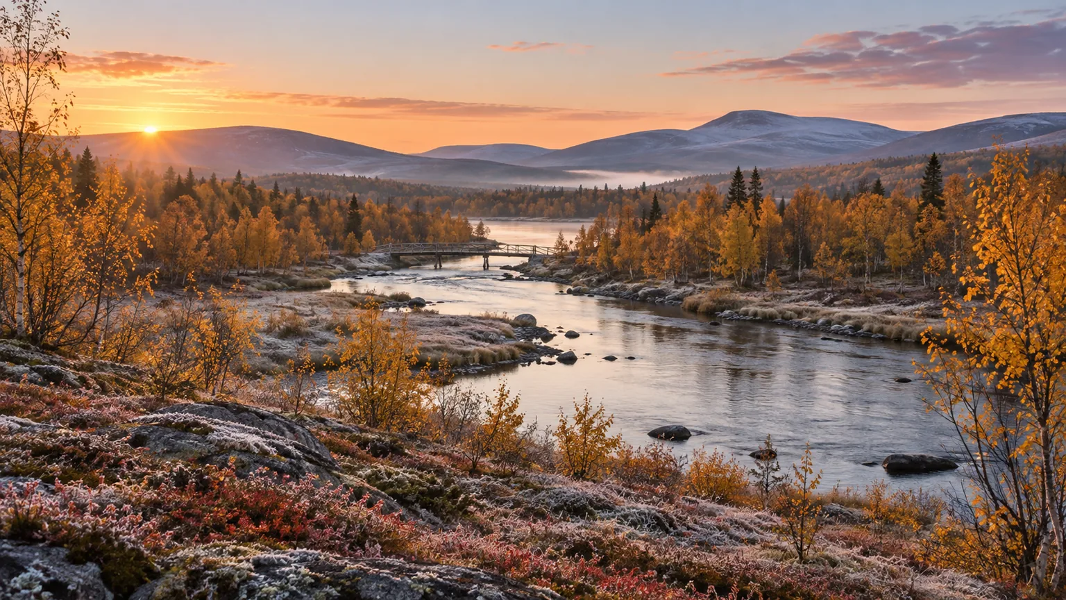 Couleurs d’automne et première gelée au bord d’une rivière de Laponie