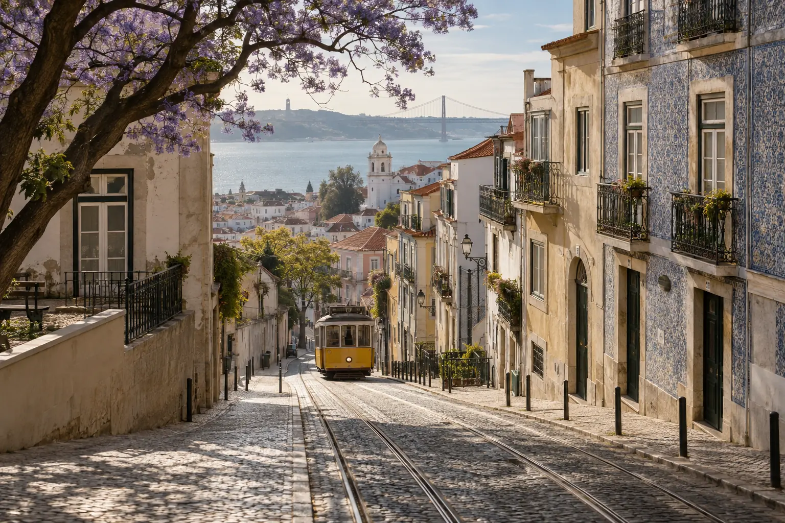 Tramway jaune dans une rue en pente de Lisbonne entre façades carrelées et vue sur le Tage